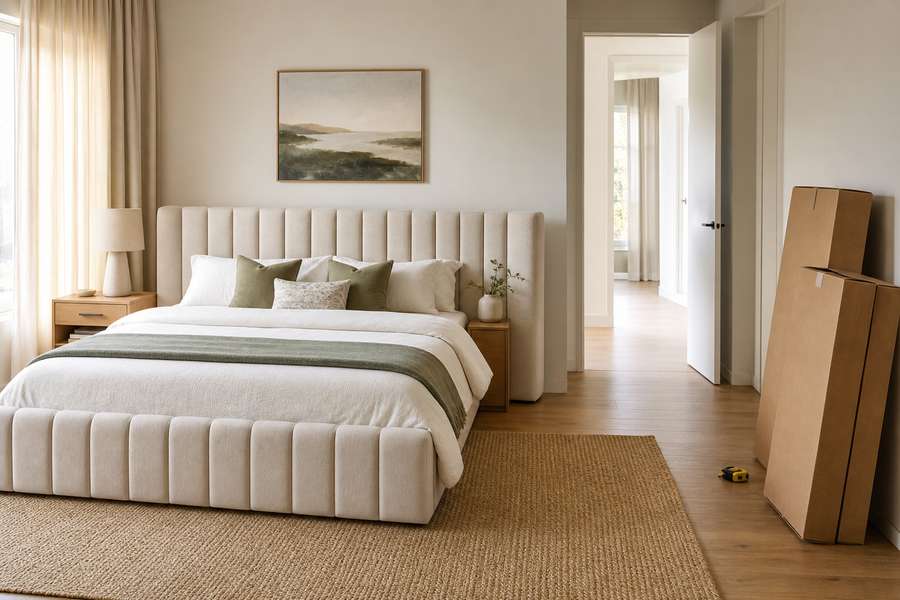 Beige upholstered bed with delivery cartons and a tape measure beside a wide bedroom doorway