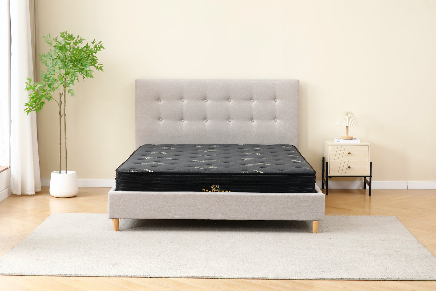 Light Grey Tiffany upholstered bed + Charcoal 20cm bamboo mattress