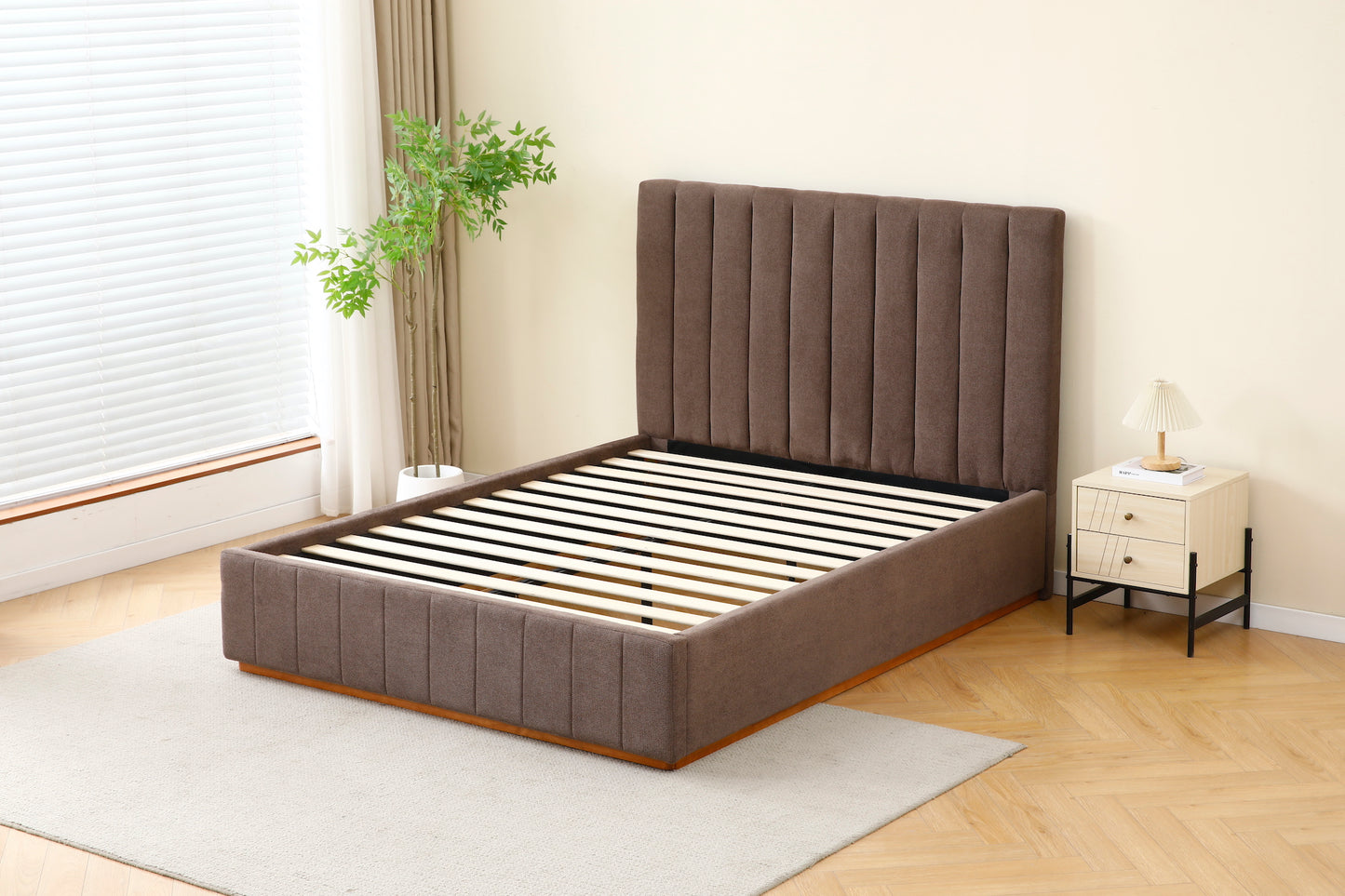 Brown Channel Tufted Linen Bed Frame