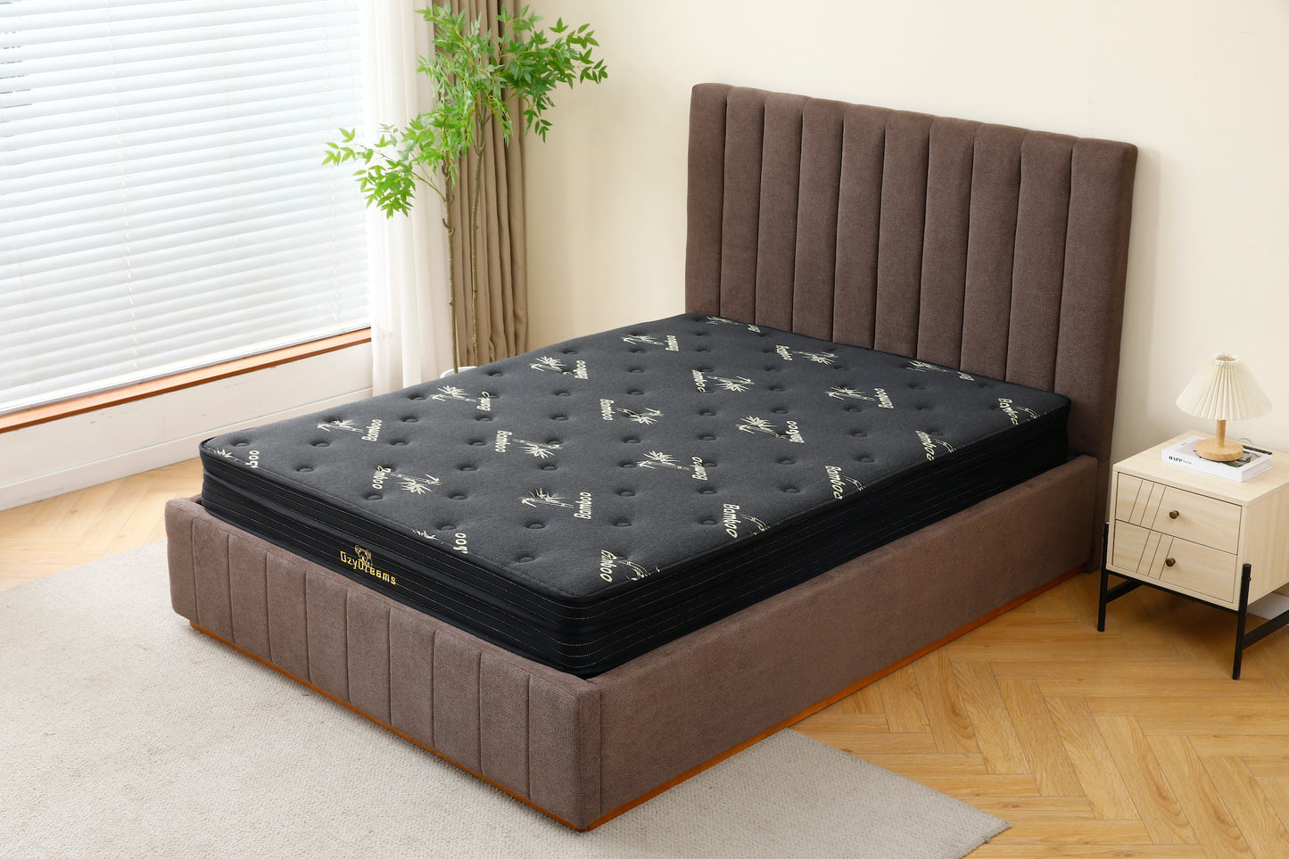 Brown Channel Bed Frame + Charcoal 20cm Bamboo Mattress (Queen Size)