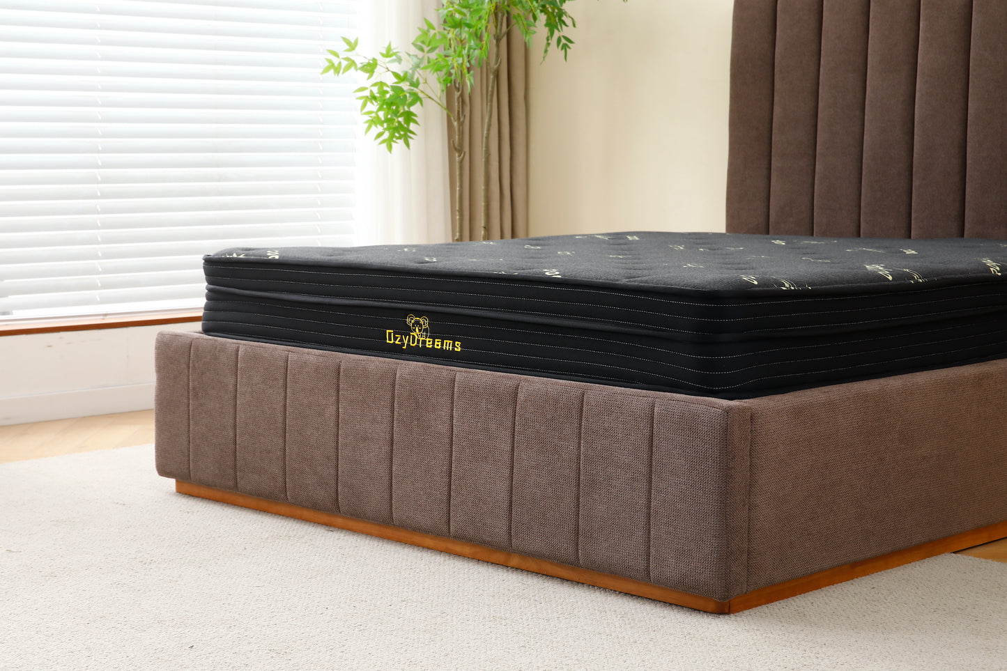 Brown Channel Bed Frame + Charcoal 20cm Bamboo Mattress (Queen Size)