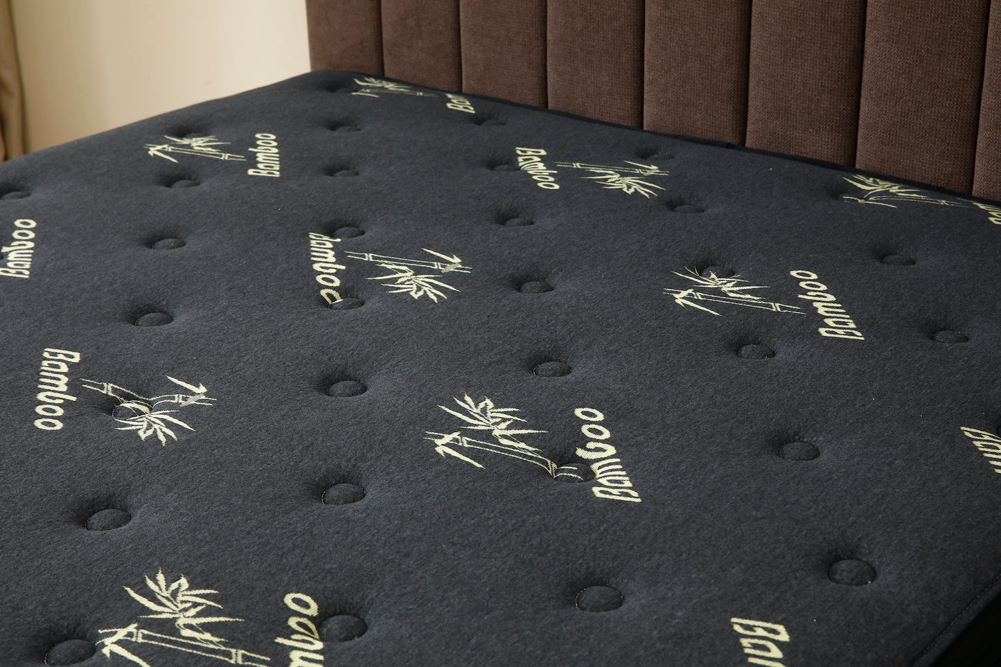 Brown Channel Bed Frame + Charcoal 20cm Bamboo Mattress (Queen Size)