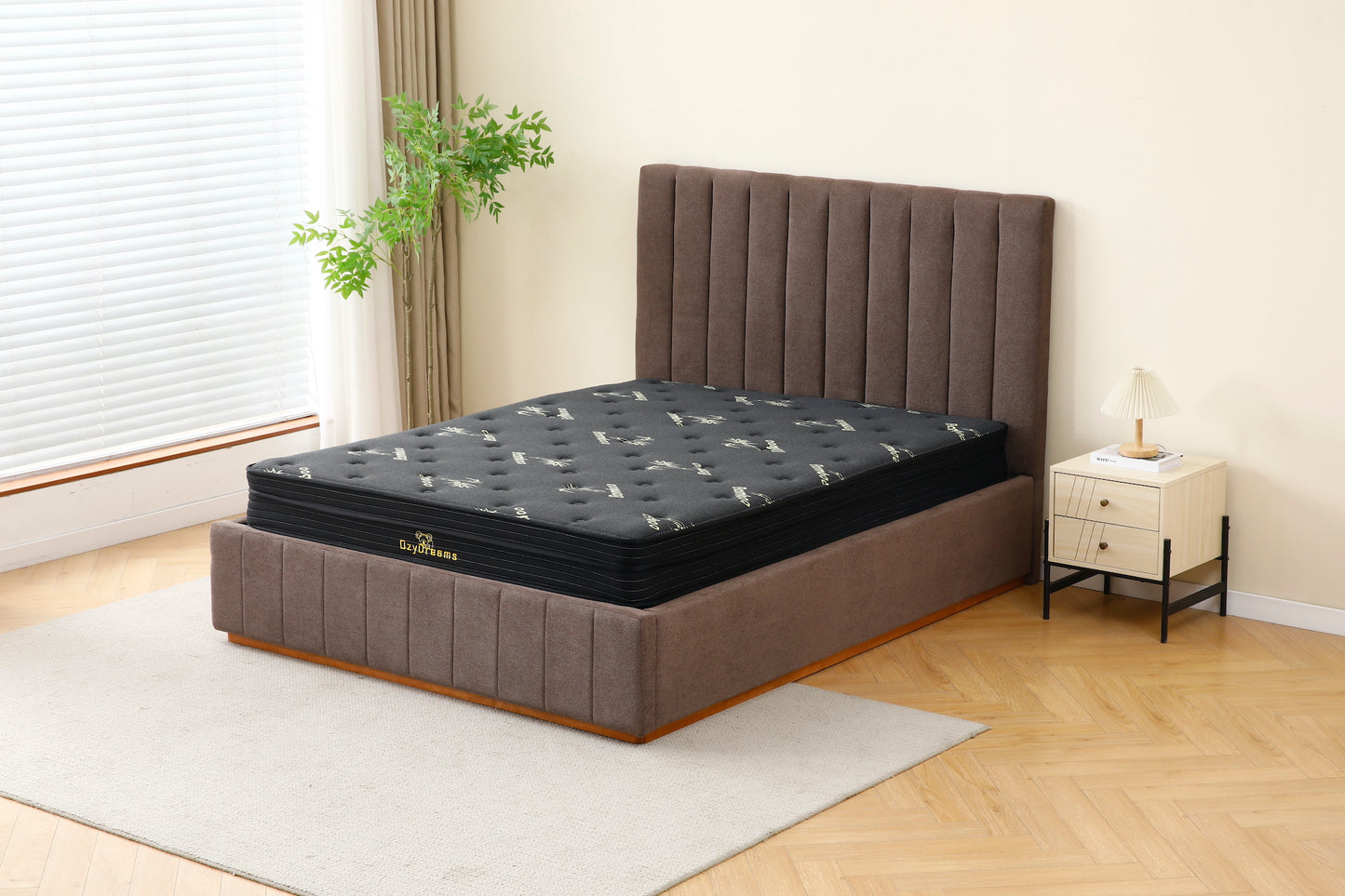 Brown Channel Bed Frame + Charcoal 20cm Bamboo Mattress (Queen Size)