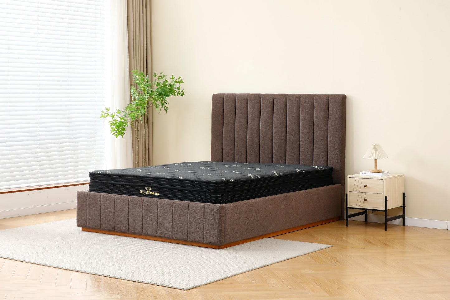 Brown Channel Bed Frame + Charcoal 20cm Bamboo Mattress (Queen Size)