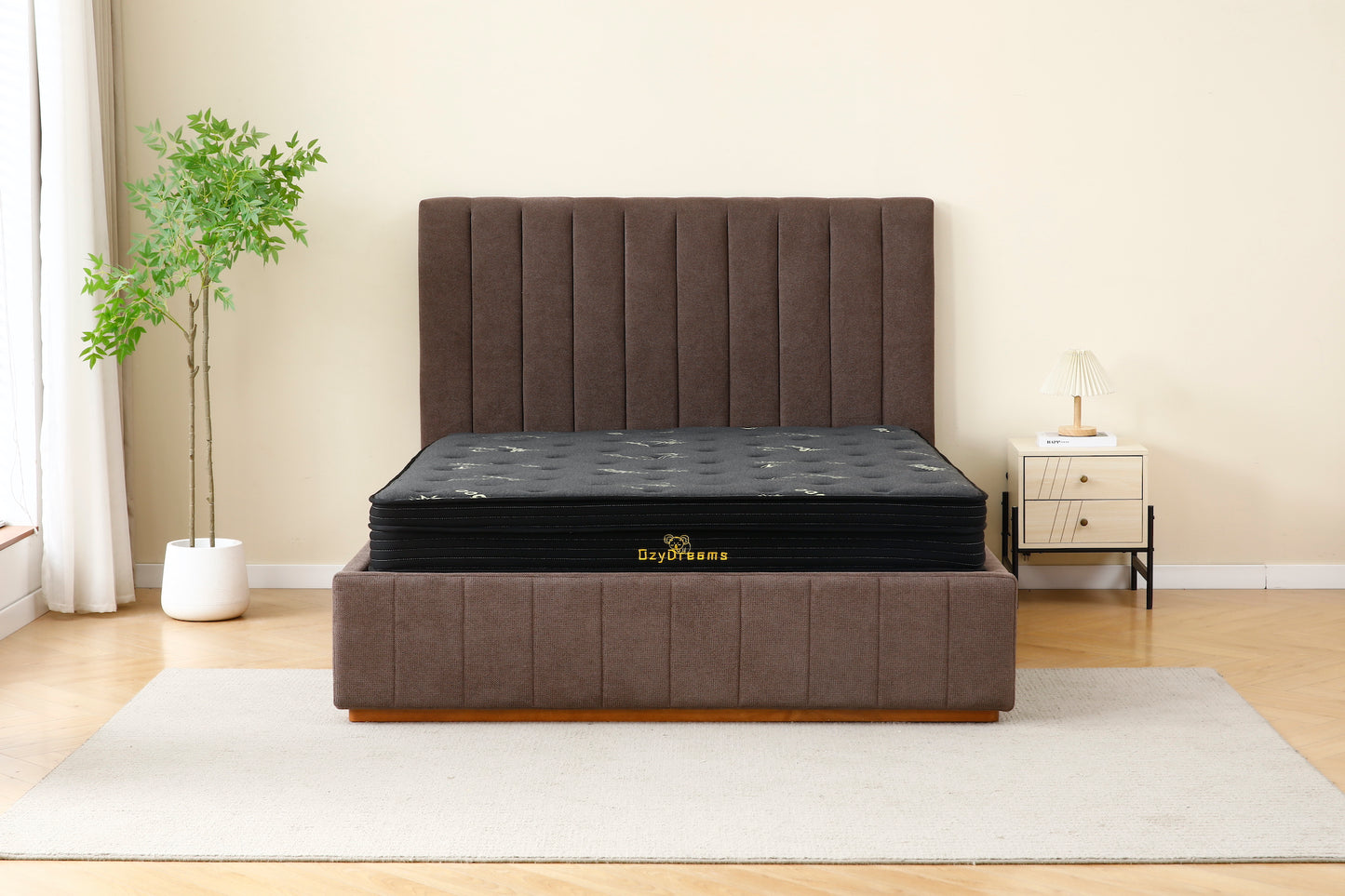 Brown Channel Bed Frame + Charcoal 20cm Bamboo Mattress (Queen Size)