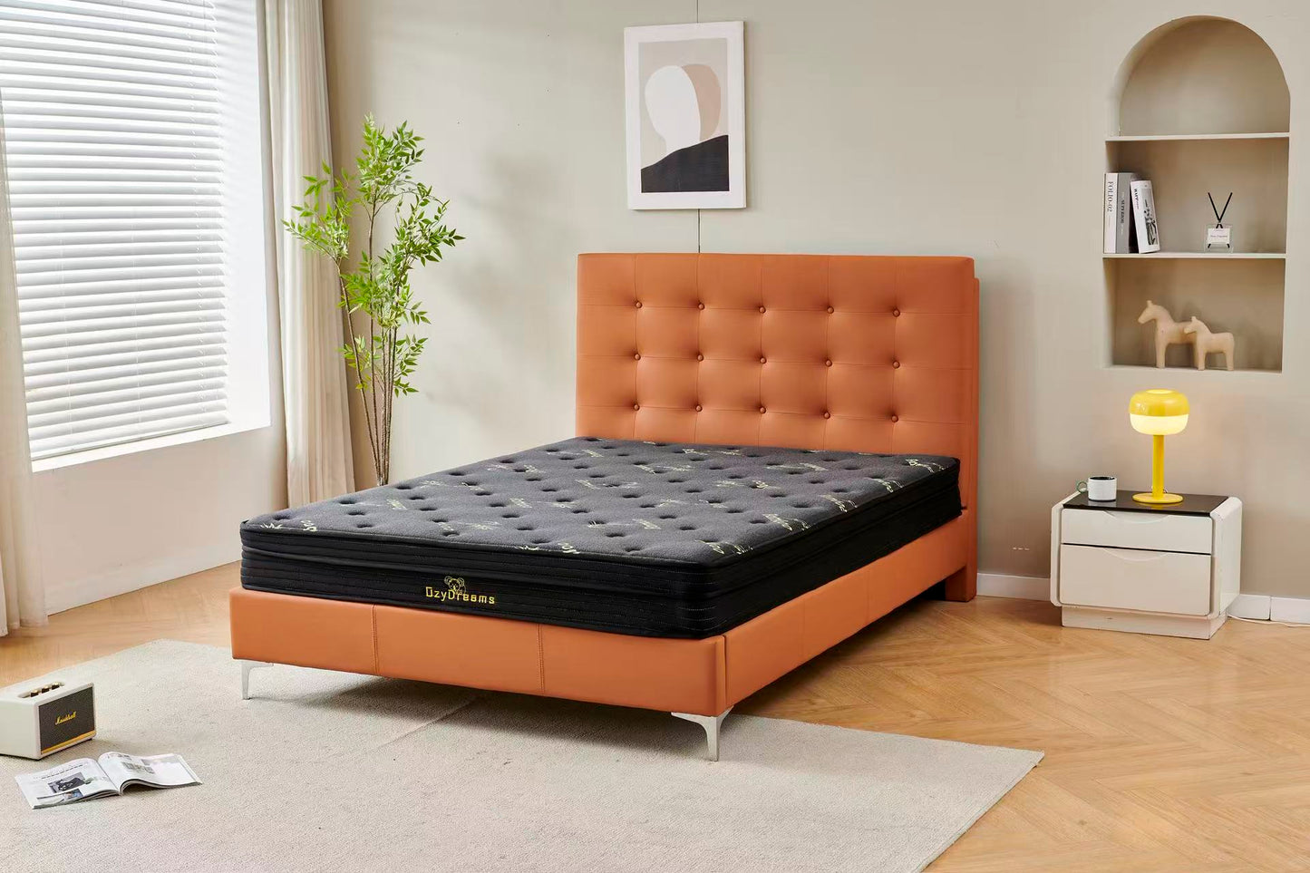 Orange Tiffany upholstered bed + Charcoal 20cm bamboo mattress
