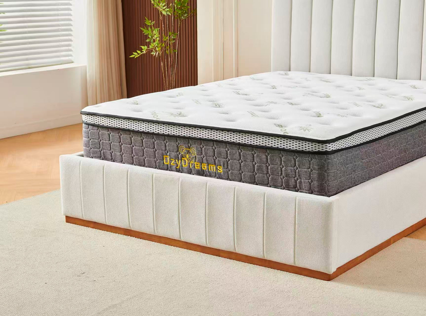 Beige Channel Bed Frame + White 30cm Pillow Top Bamboo Mattress
