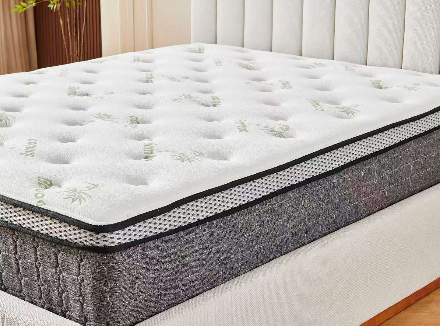 Beige Channel Bed Frame + White 30cm Pillow Top Bamboo Mattress