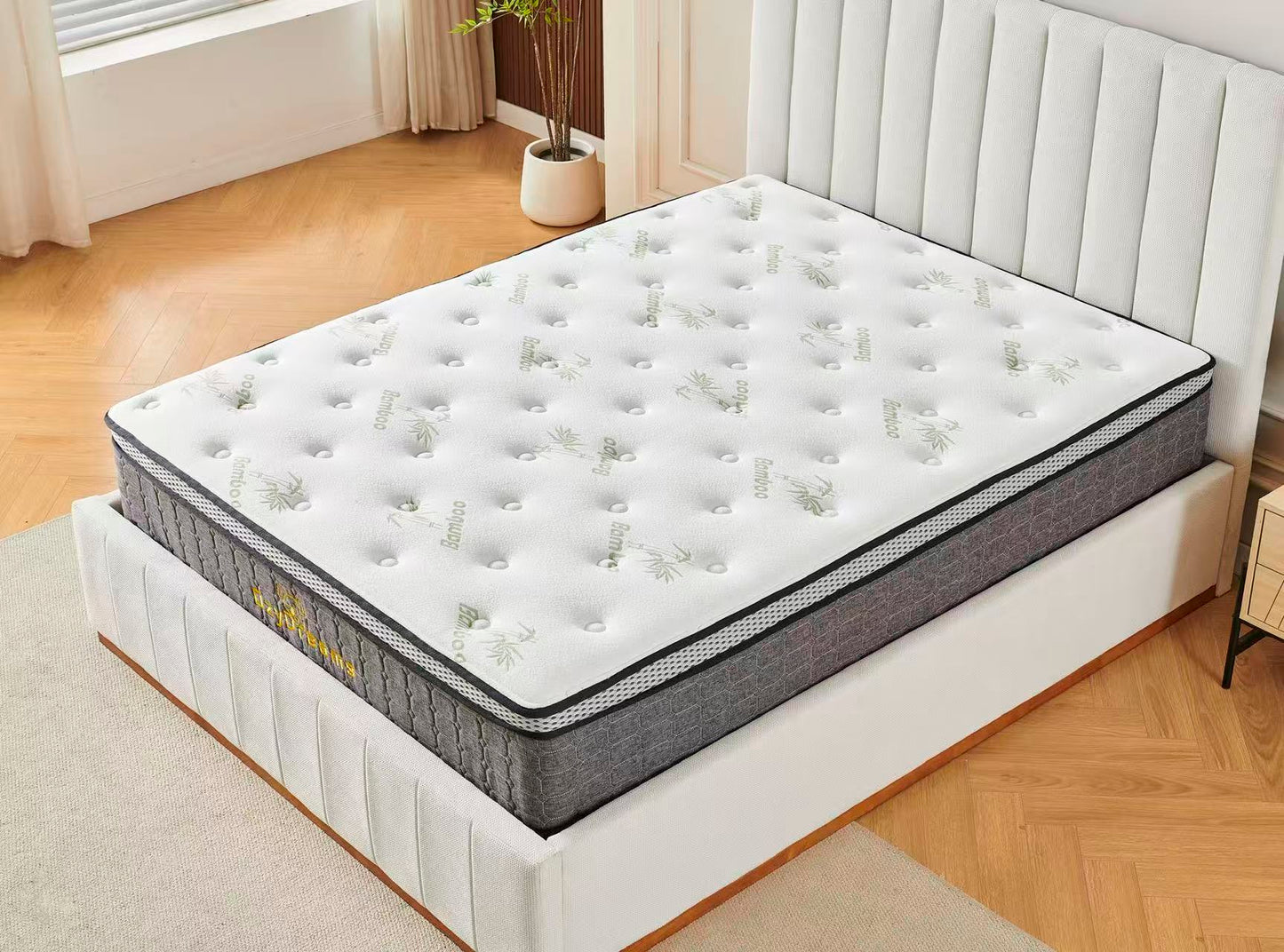 Beige Channel Bed Frame + White 30cm Pillow Top Bamboo Mattress
