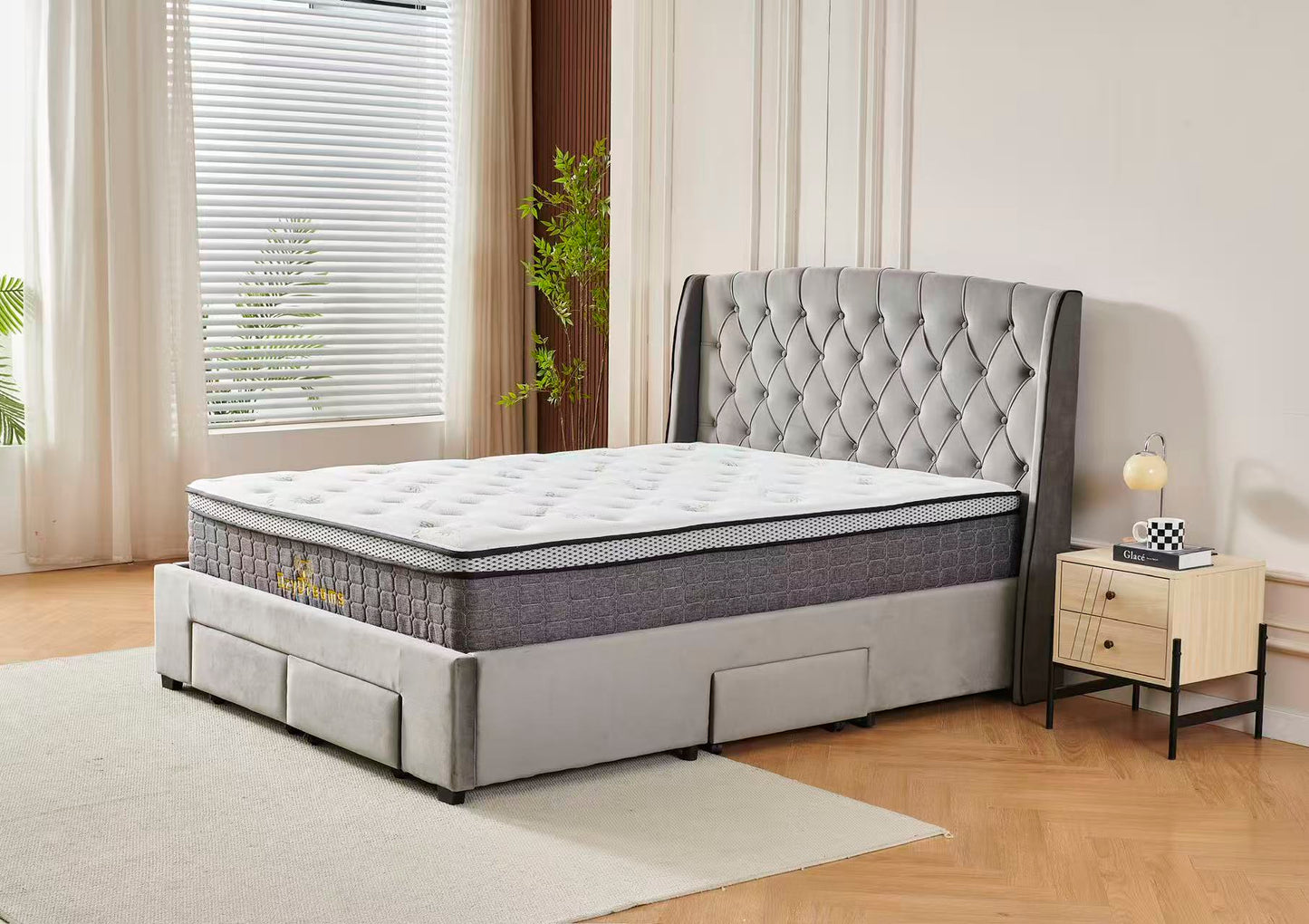 Tufted Bed Frame Dark Grey (4 Drawers) + 30cm Pillow Top Bamboo Mattress