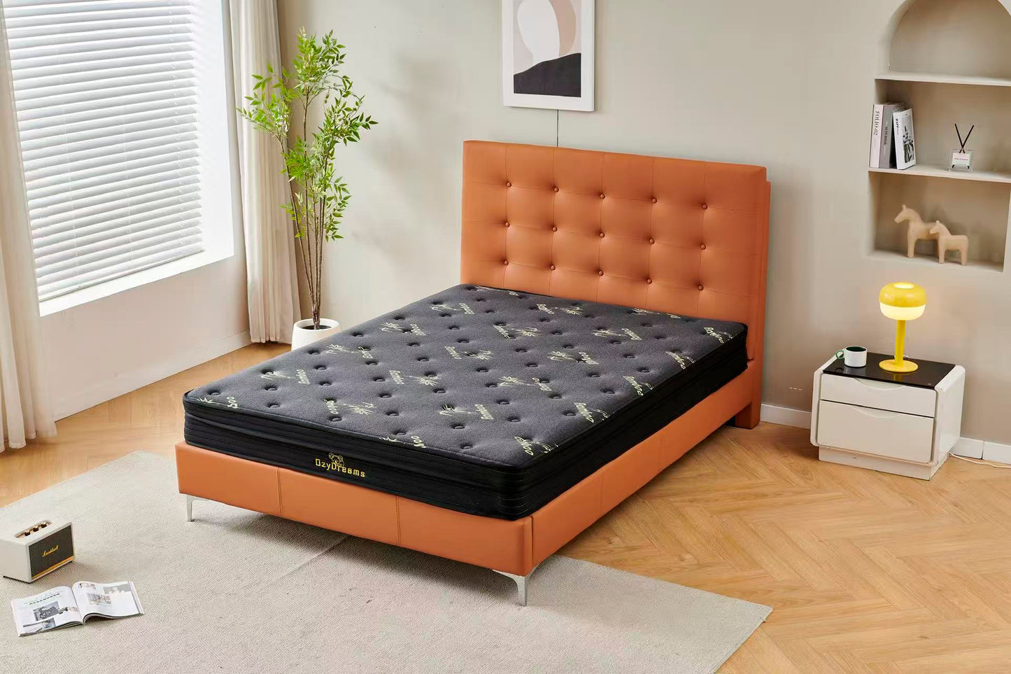 Orange Tiffany upholstered bed + Charcoal 20cm bamboo mattress