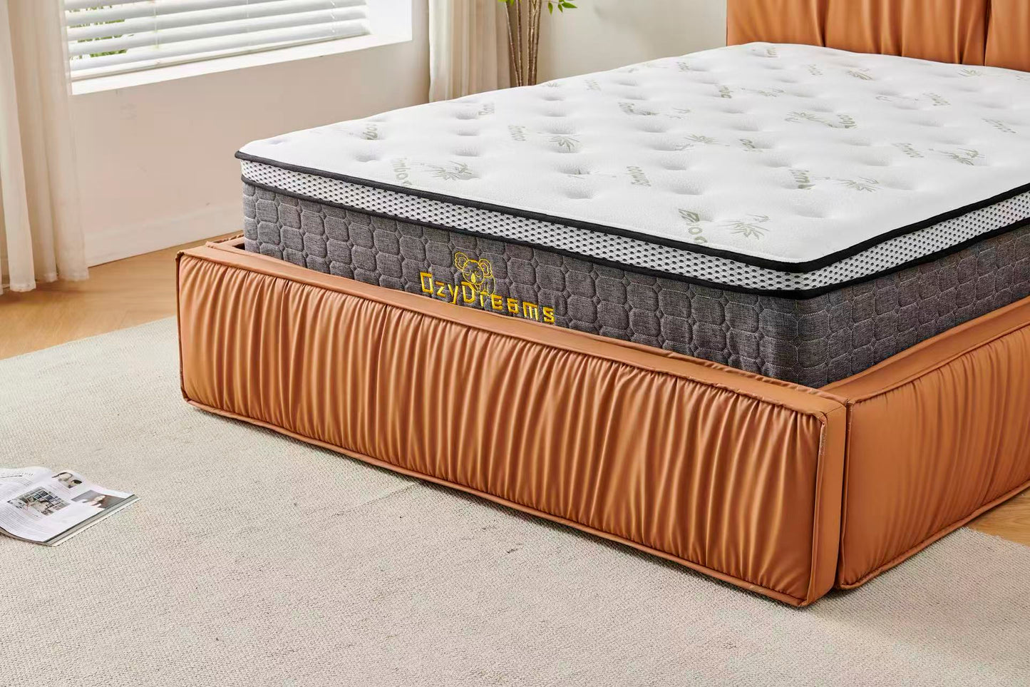 Orange Tiffany upholstered Pleat bed + White 30cm pillow top bamboo mattress