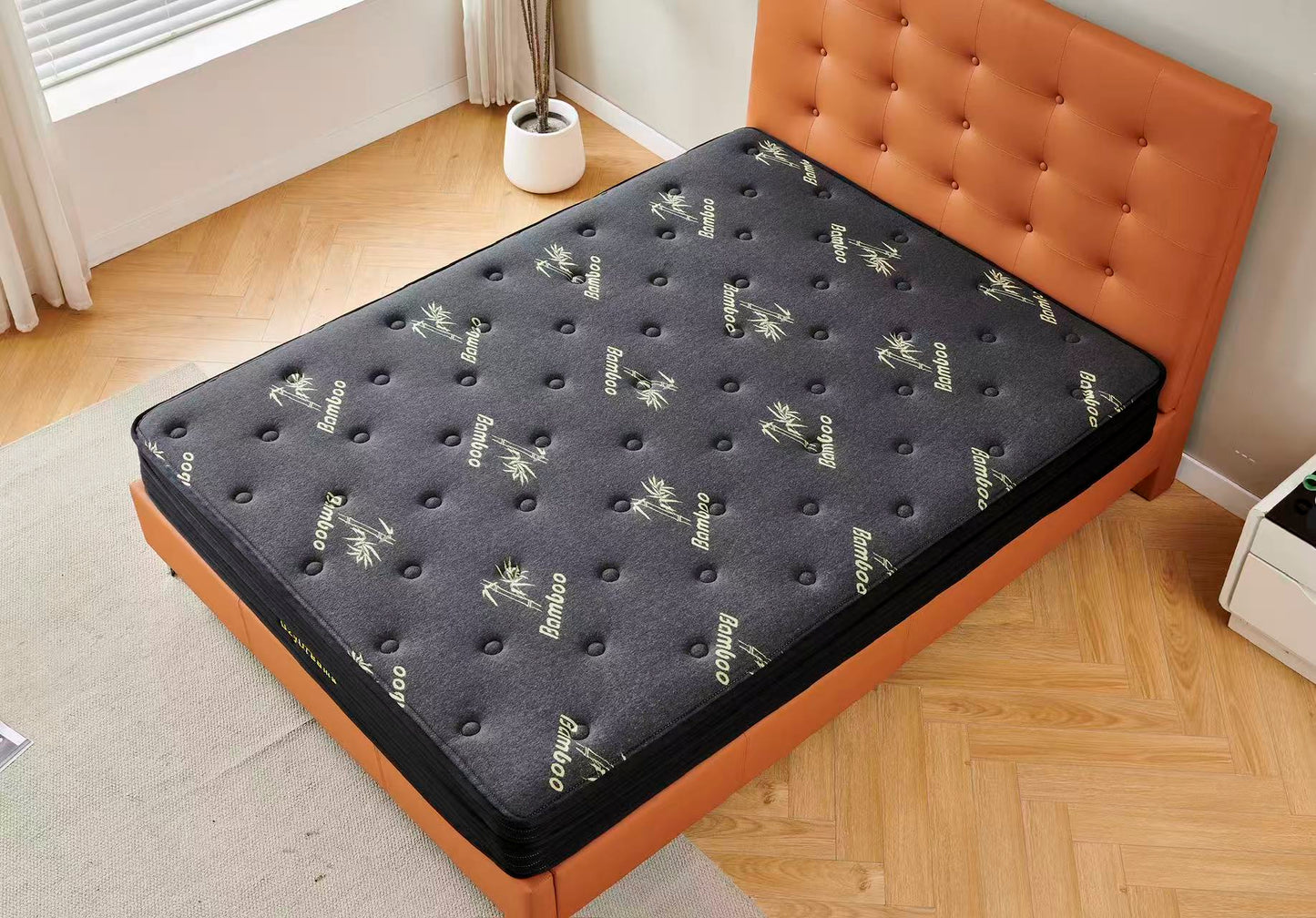 Orange Tiffany upholstered bed + Charcoal 20cm bamboo mattress