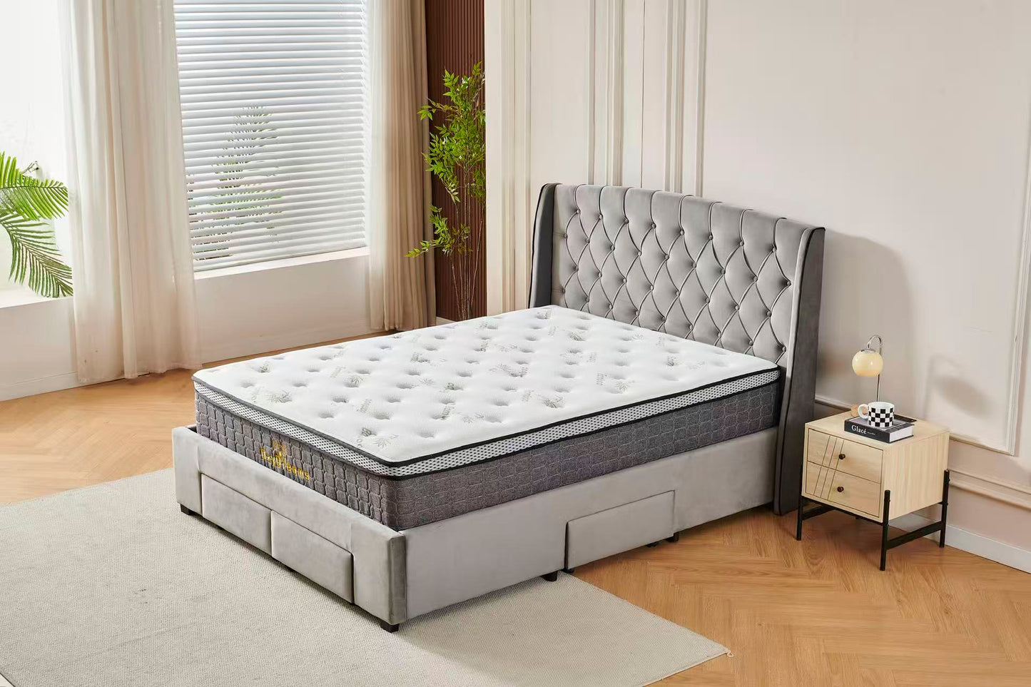 Tufted Bed Frame Dark Grey (4 Drawers) + 30cm Pillow Top Bamboo Mattress