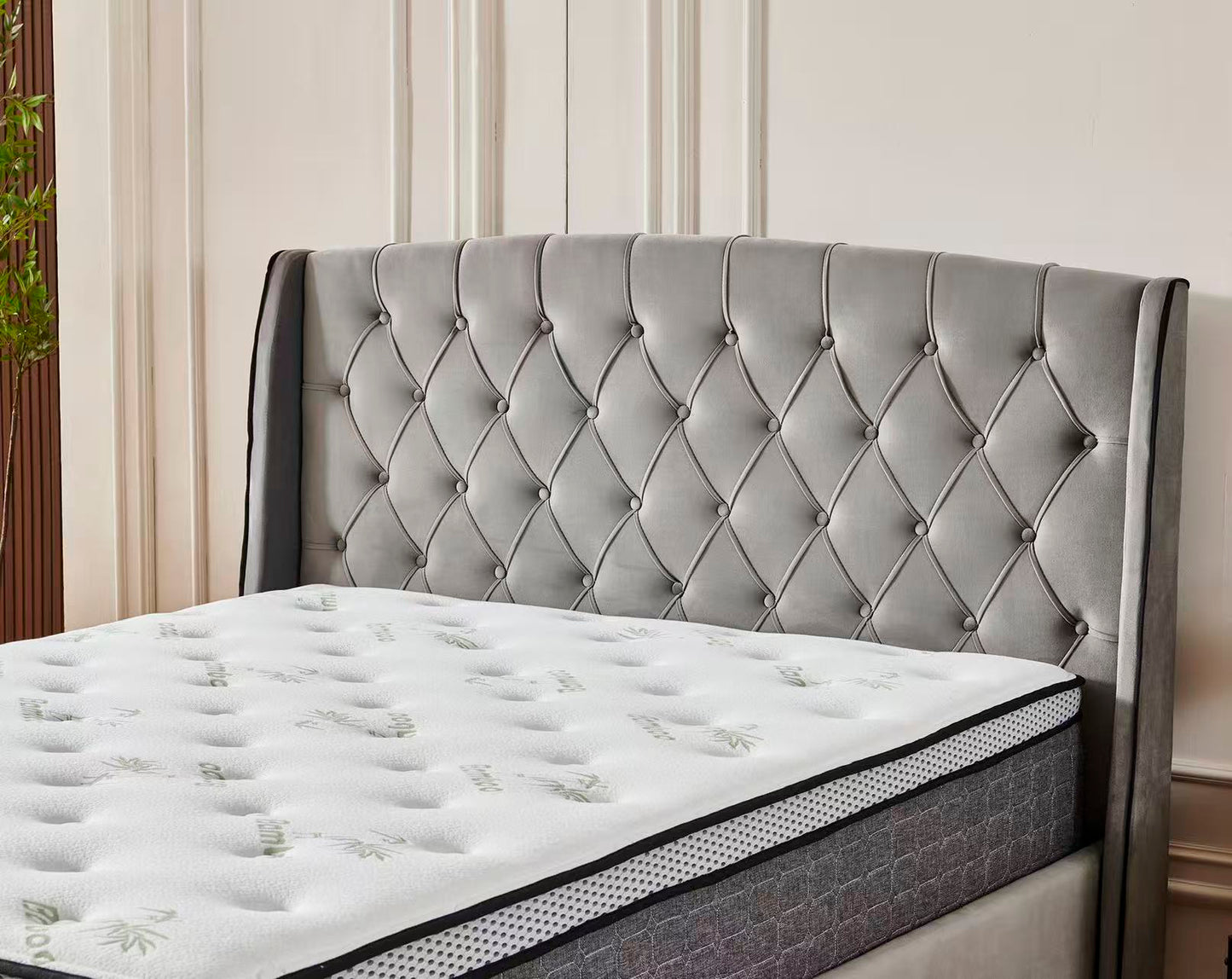 Tufted Bed Frame Dark Grey (4 Drawers) + 30cm Pillow Top Bamboo Mattress