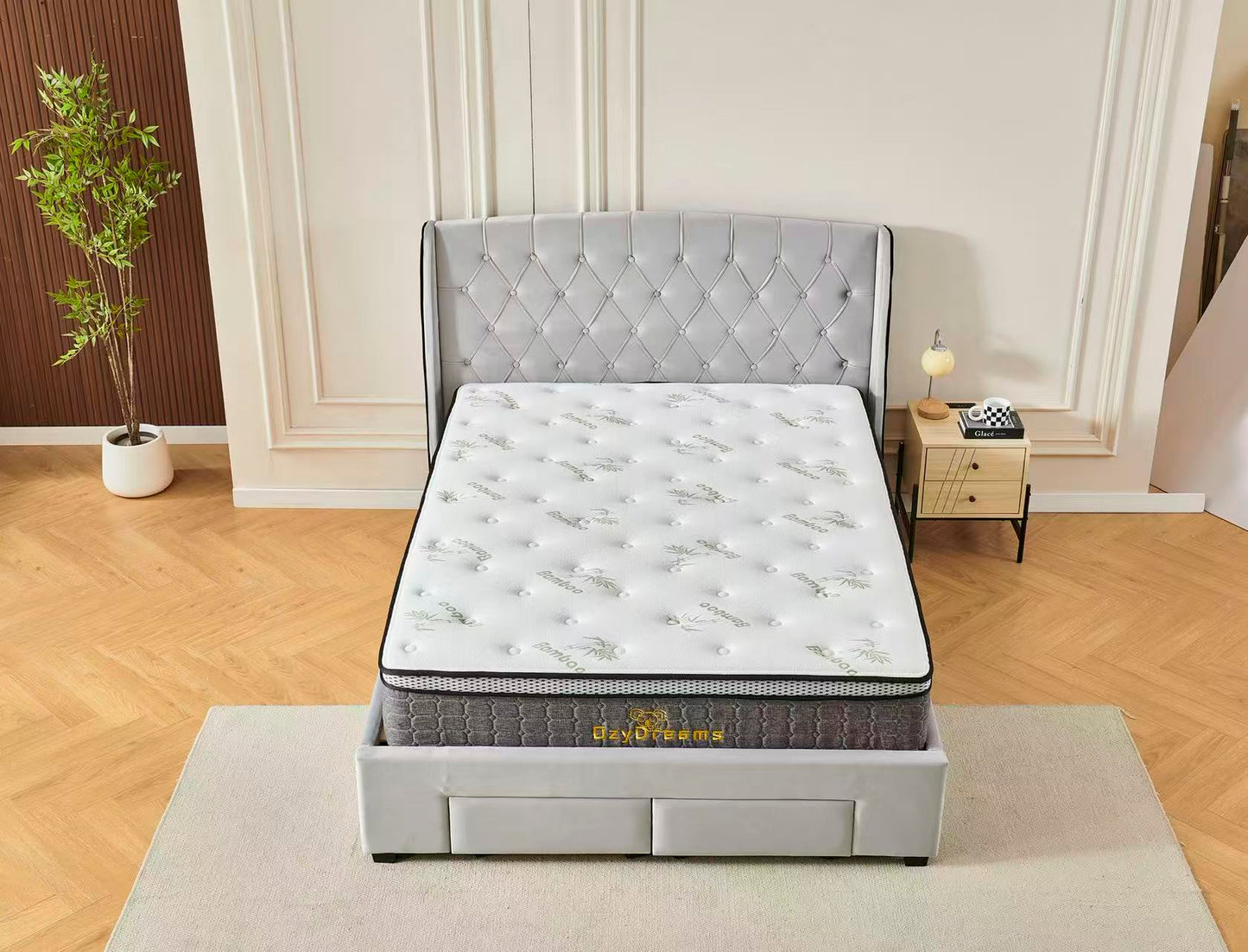 Tufted Bed Frame Light Grey (4 Drawers) + 30cm Pillow Top Bamboo Mattress
