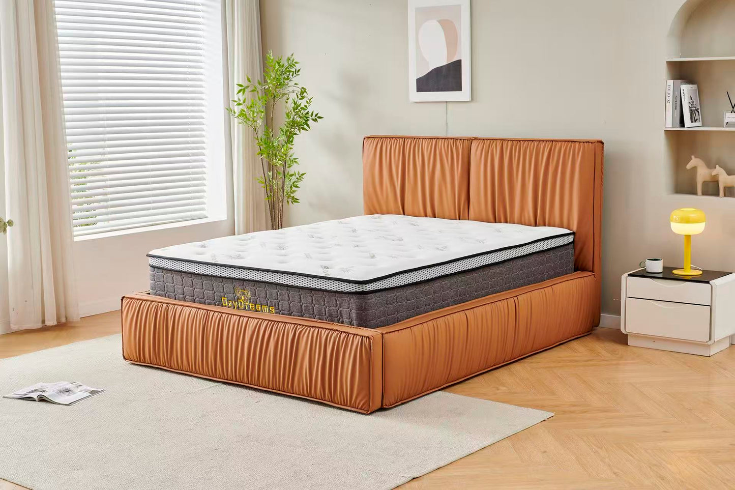Orange Tiffany upholstered Pleat bed + White 30cm pillow top bamboo mattress