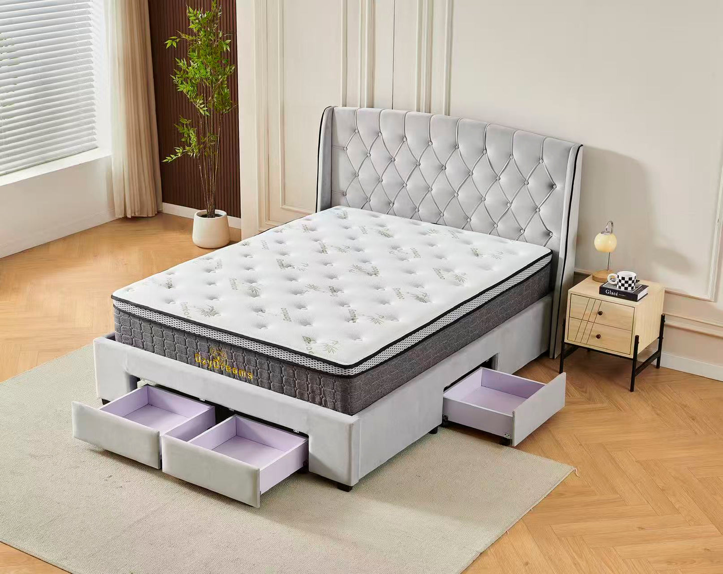 Tufted Bed Frame Light Grey (4 Drawers) + 30cm Pillow Top Bamboo Mattress