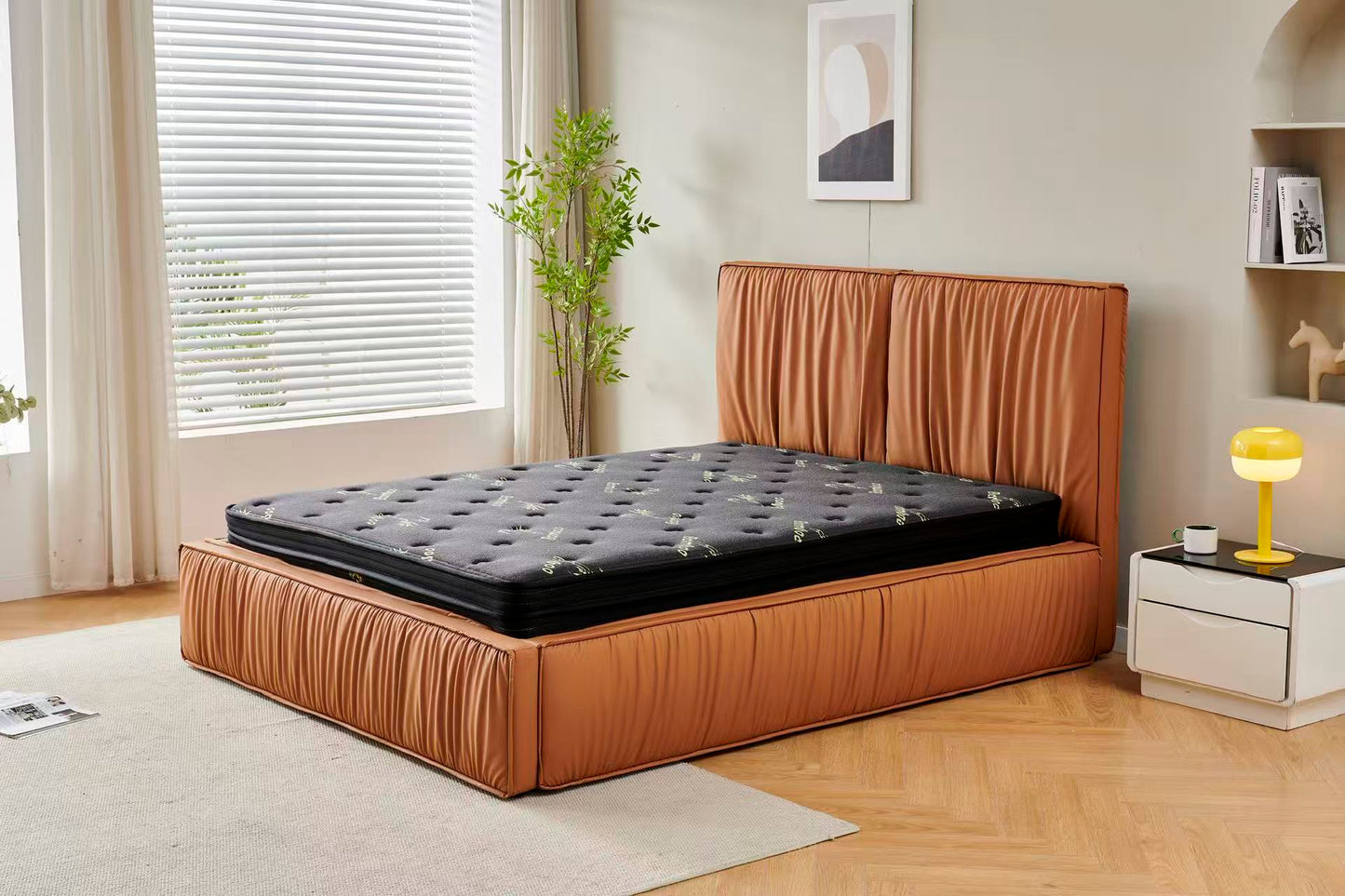 Orange Tiffany upholstered Pleat bed + Charcoal 20cm bamboo mattress