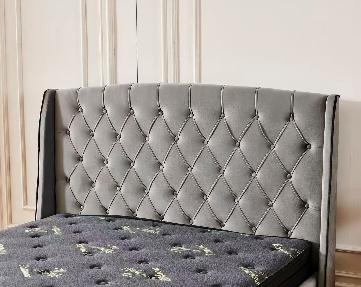 Tufted Bed Frame Dark Grey (4 Drawers) + Charcoal 20cm Bamboo Mattress
