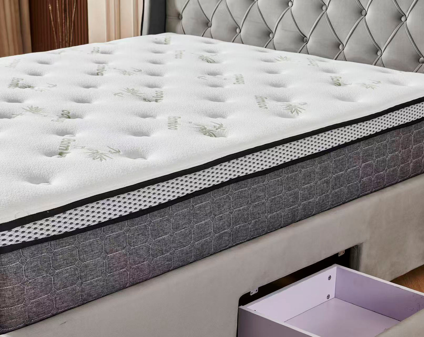 Tufted Bed Frame Dark Grey (4 Drawers) + 30cm Pillow Top Bamboo Mattress