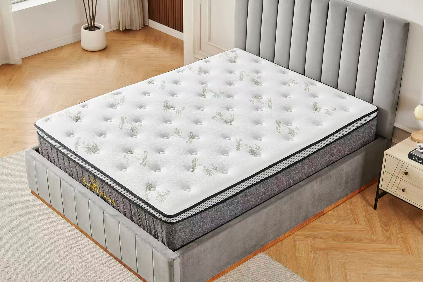 Grey Channel Bed Frame + White 30cm Pillow Top Bamboo Mattress (Queen Size)