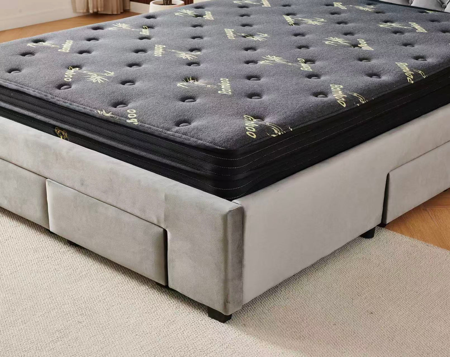 Tufted Bed Frame Dark Grey (4 Drawers) + Charcoal 20cm Bamboo Mattress