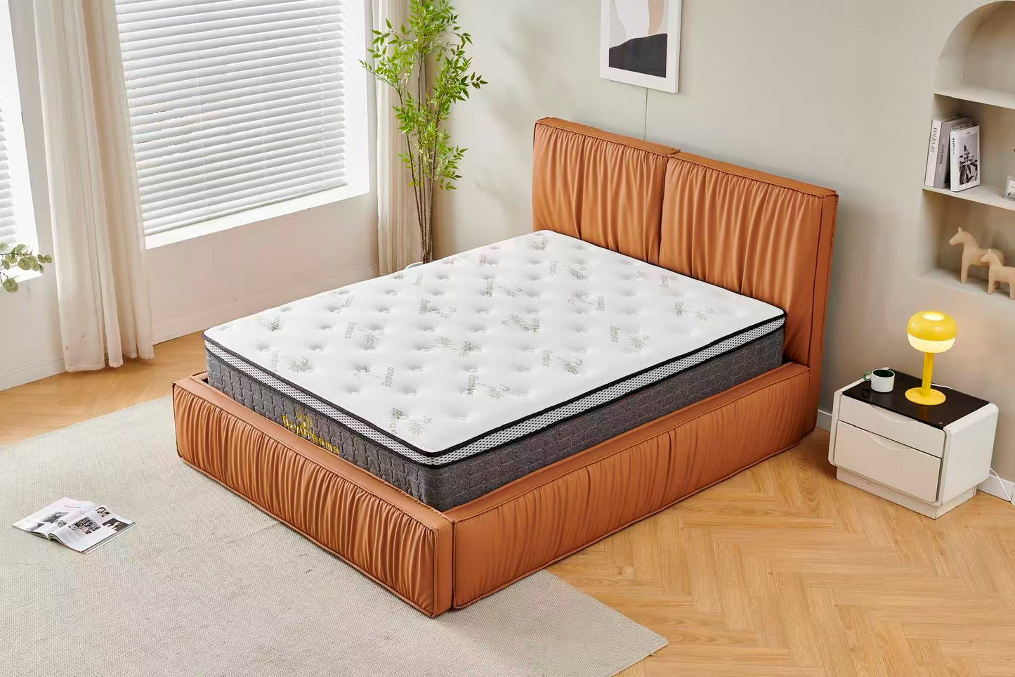 Orange Tiffany upholstered Pleat bed + White 30cm pillow top bamboo mattress