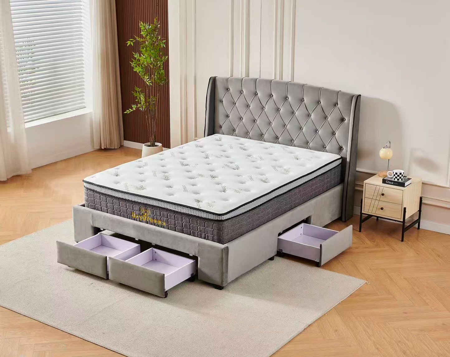 Tufted Bed Frame Dark Grey (4 Drawers) + 30cm Pillow Top Bamboo Mattress