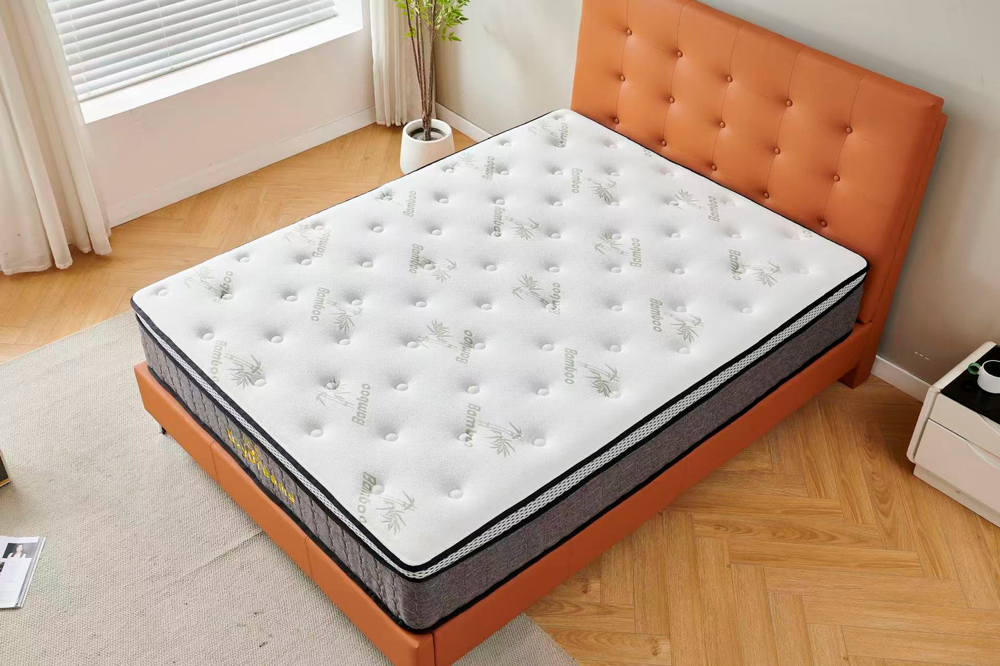 Orange Tiffany upholstered bed + White 30cm pillow top bamboo mattress