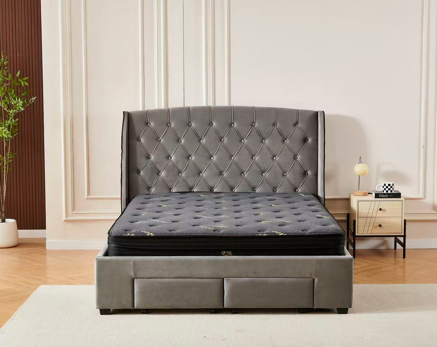 Tufted Bed Frame Dark Grey (4 Drawers) + Charcoal 20cm Bamboo Mattress