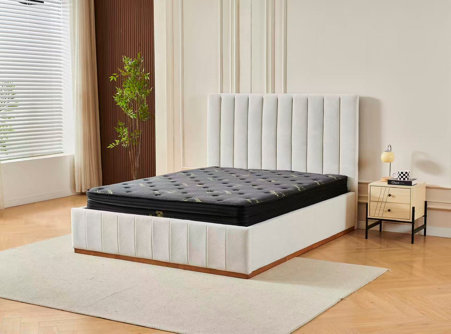 Beige Channel Bed Frame + Charcoal 20cm Bamboo Mattress (Queen Size)