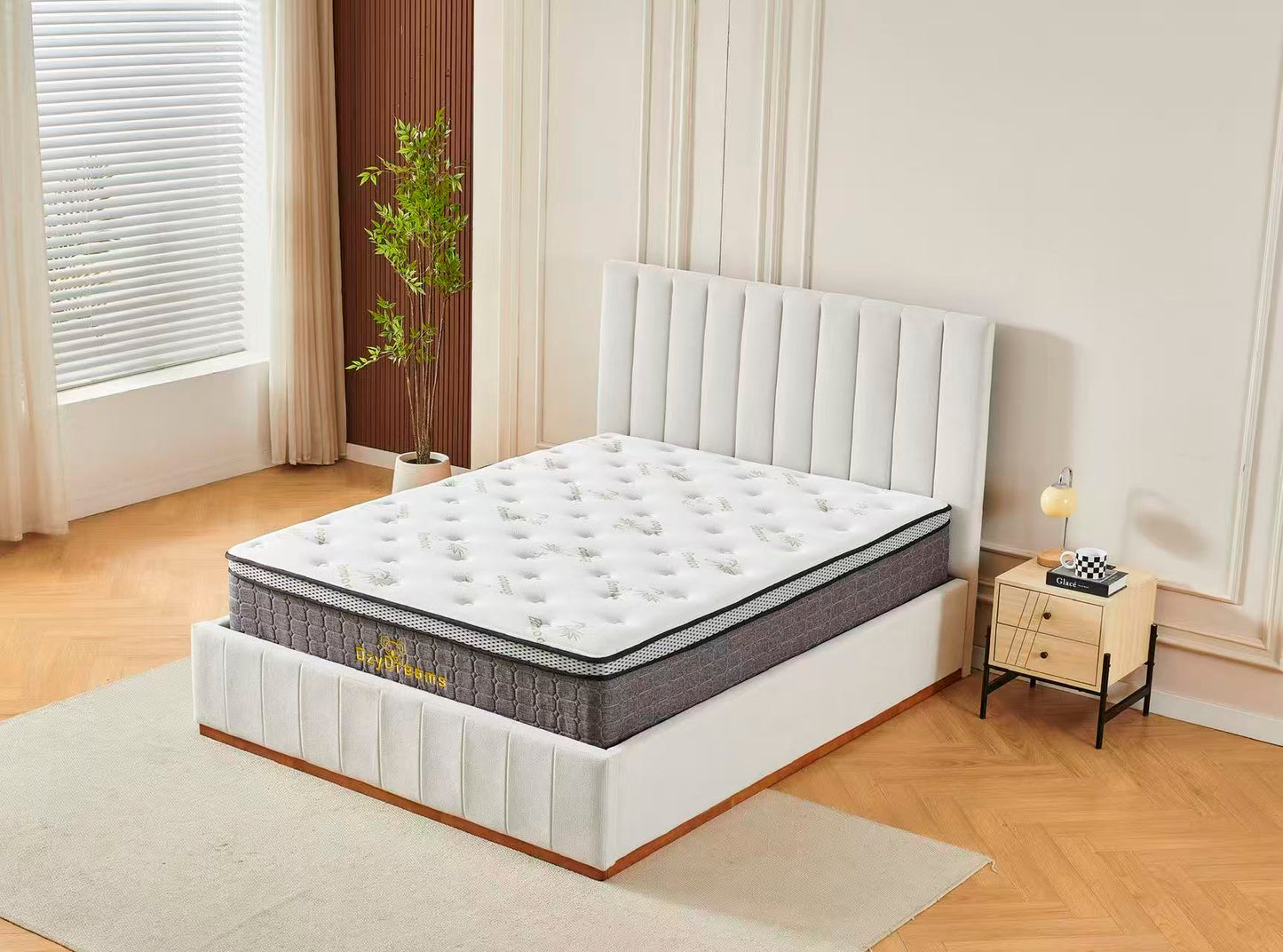 Beige Channel Bed Frame + White 30cm Pillow Top Bamboo Mattress