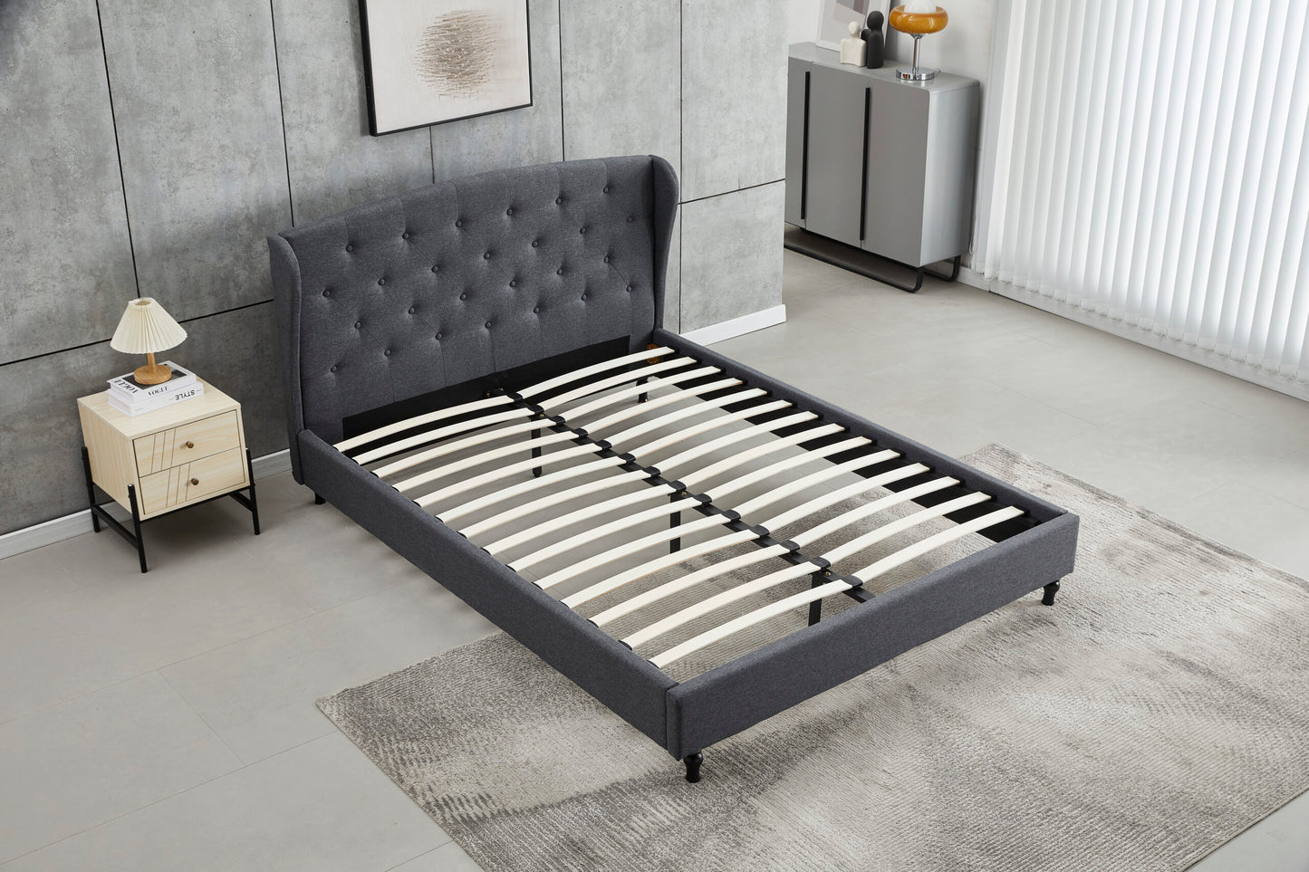 Dark Grey Wingback Bed Frame Queen