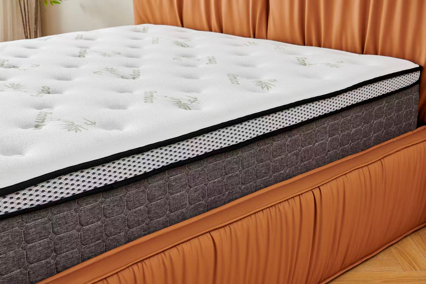 Orange Tiffany upholstered Pleat bed + White 30cm pillow top bamboo mattress