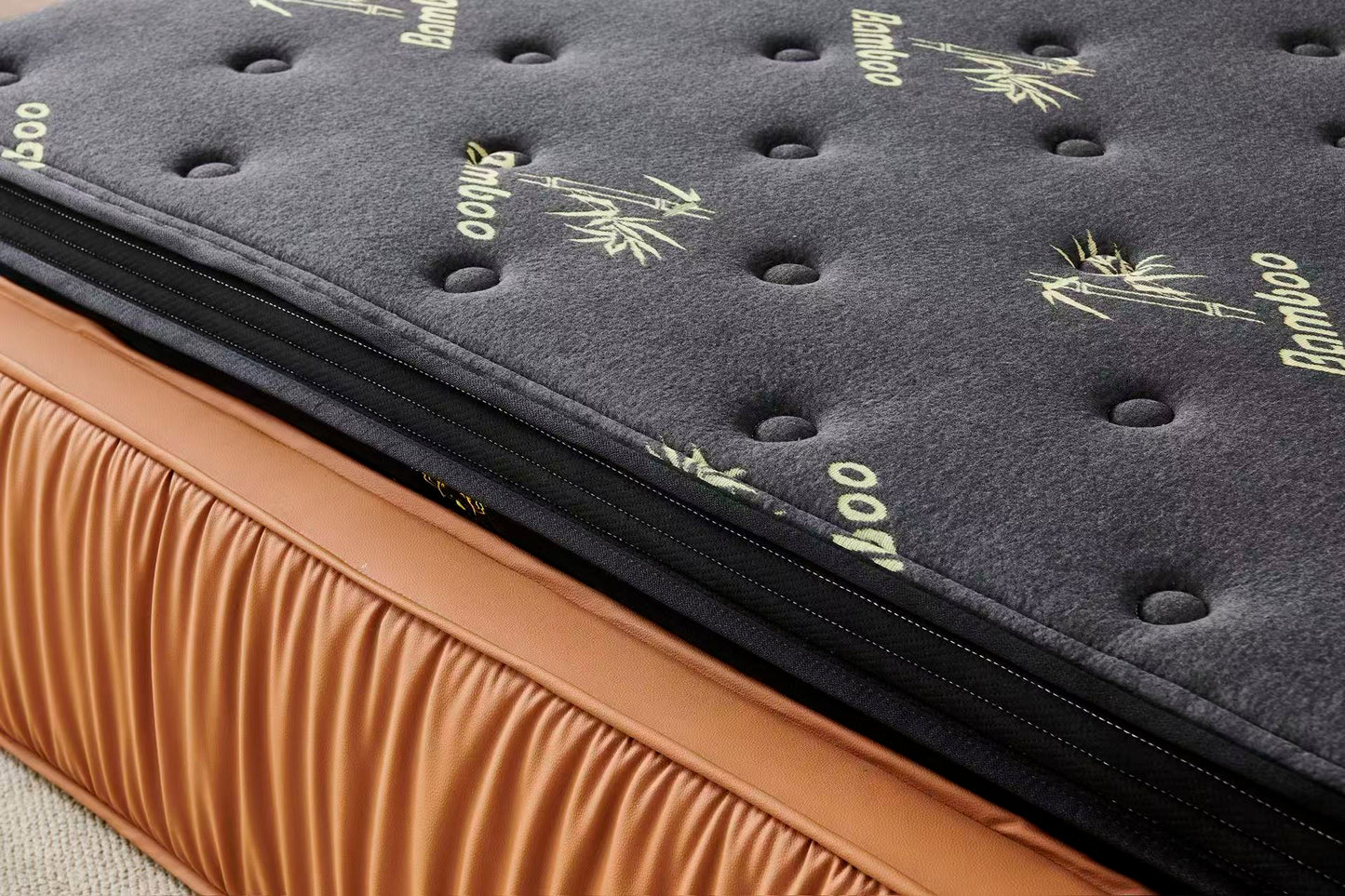 Orange Tiffany upholstered Pleat bed + Charcoal 20cm bamboo mattress