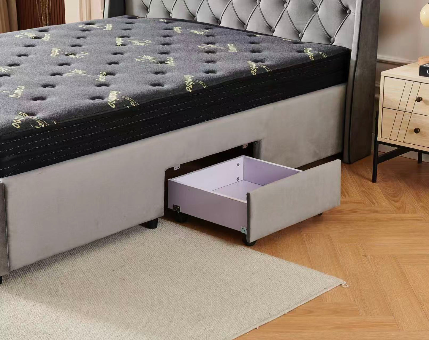Tufted Bed Frame Dark Grey (4 Drawers) + Charcoal 20cm Bamboo Mattress