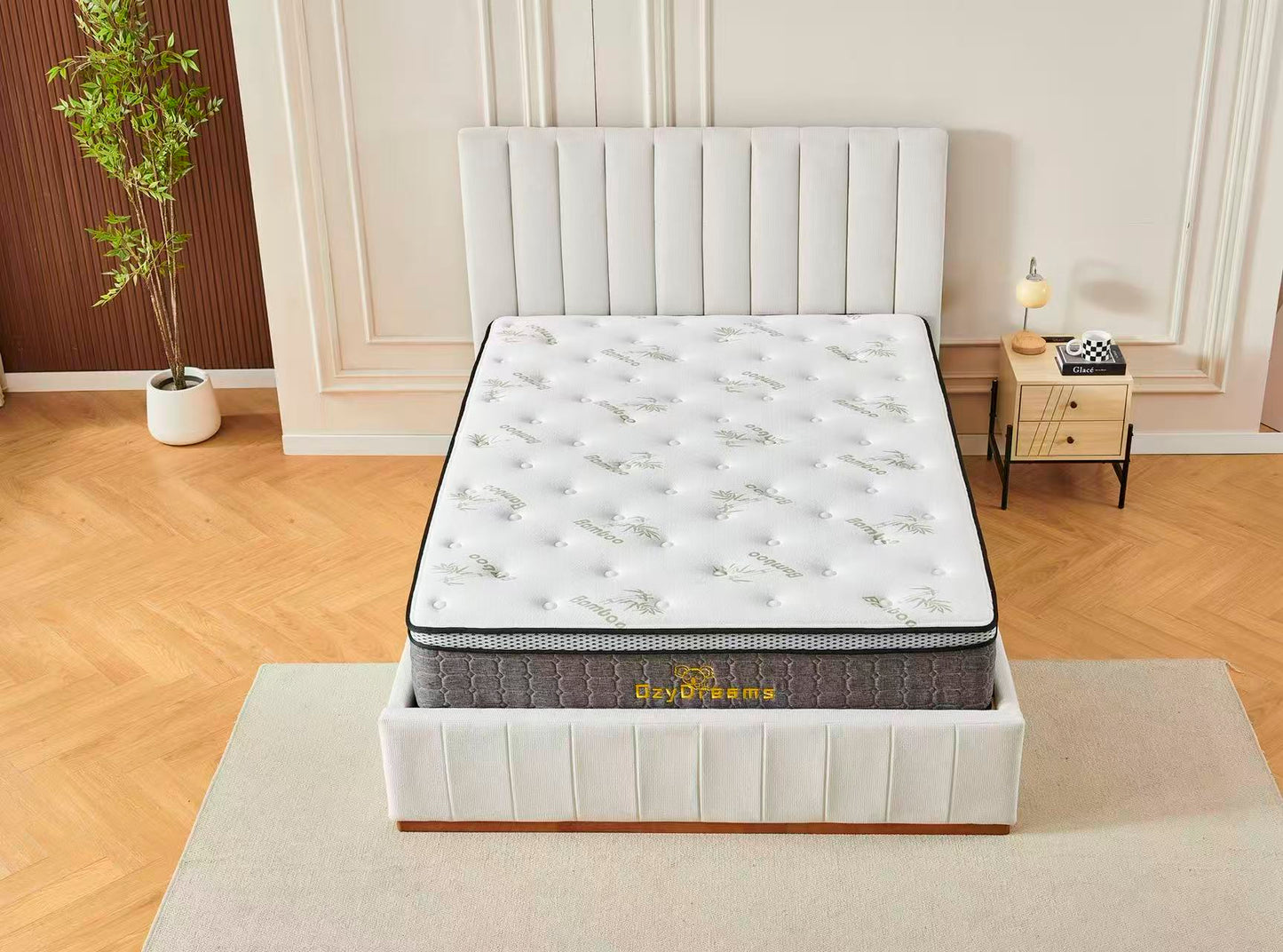 Beige Channel Bed Frame + White 30cm Pillow Top Bamboo Mattress