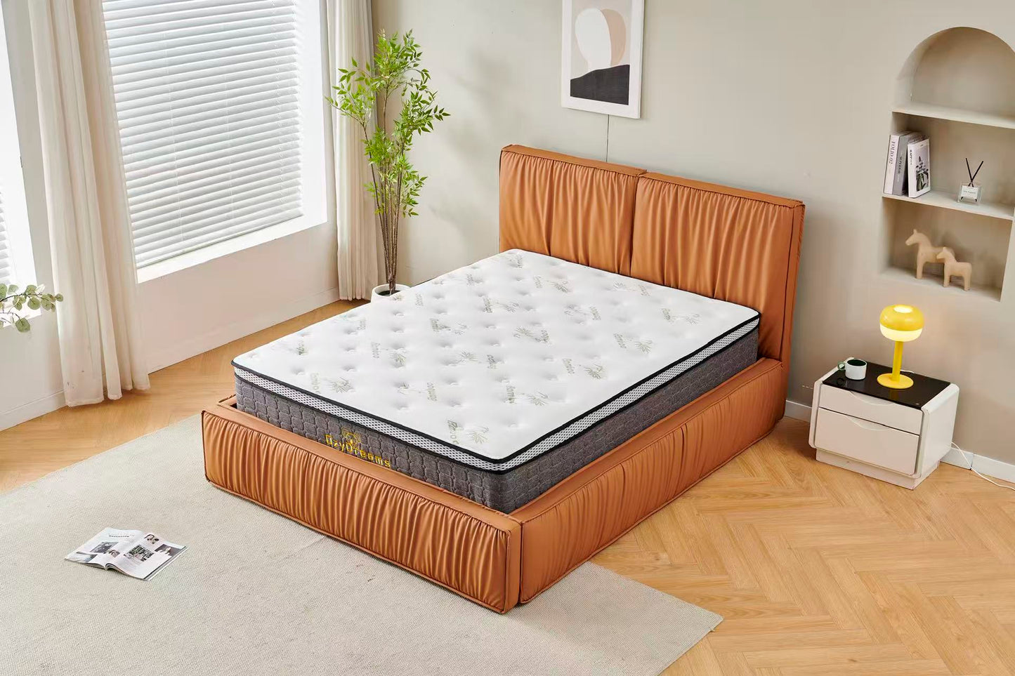 Orange Tiffany upholstered Pleat bed + White 30cm pillow top bamboo mattress