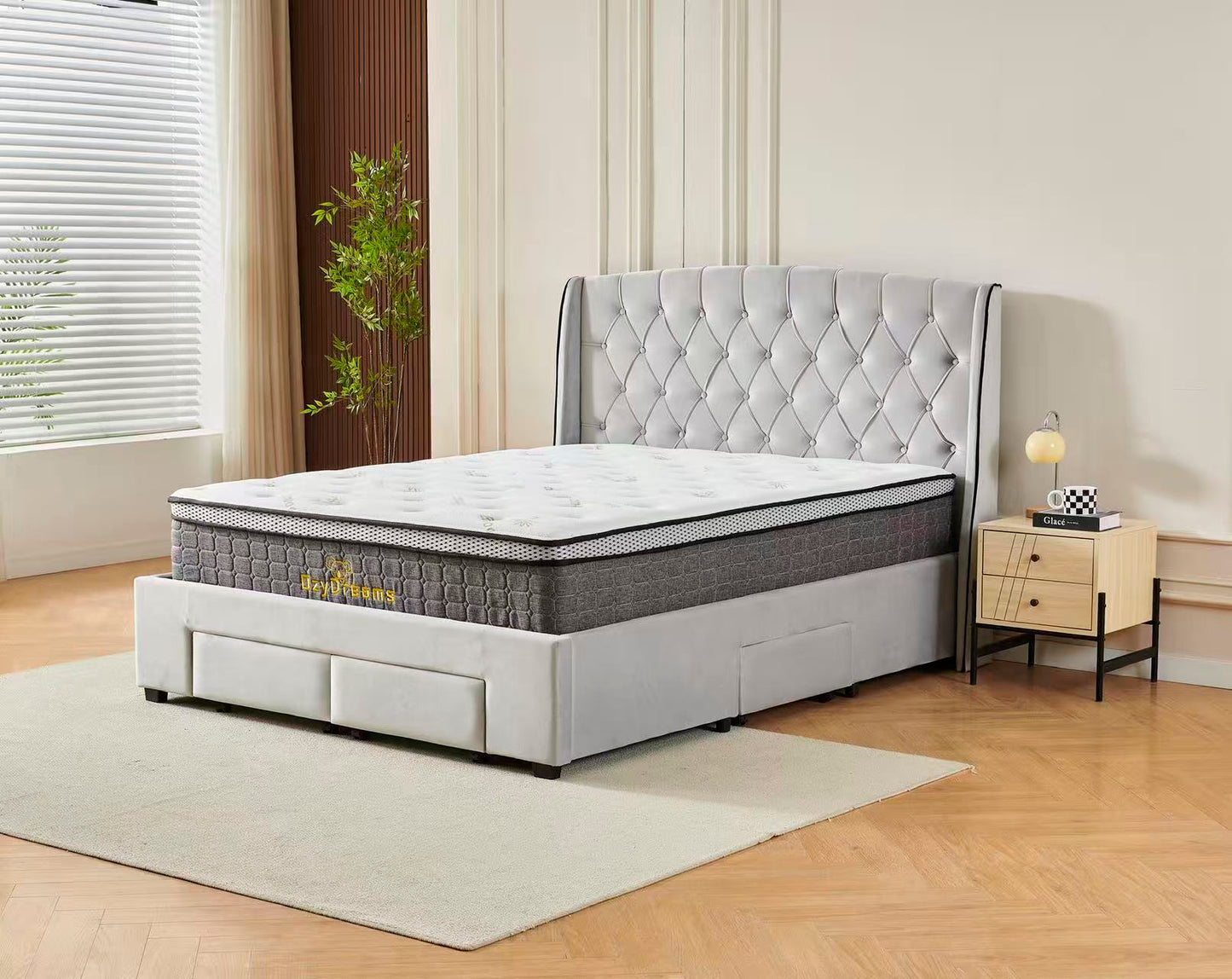 Tufted Bed Frame Light Grey (4 Drawers) + 30cm Pillow Top Bamboo Mattress