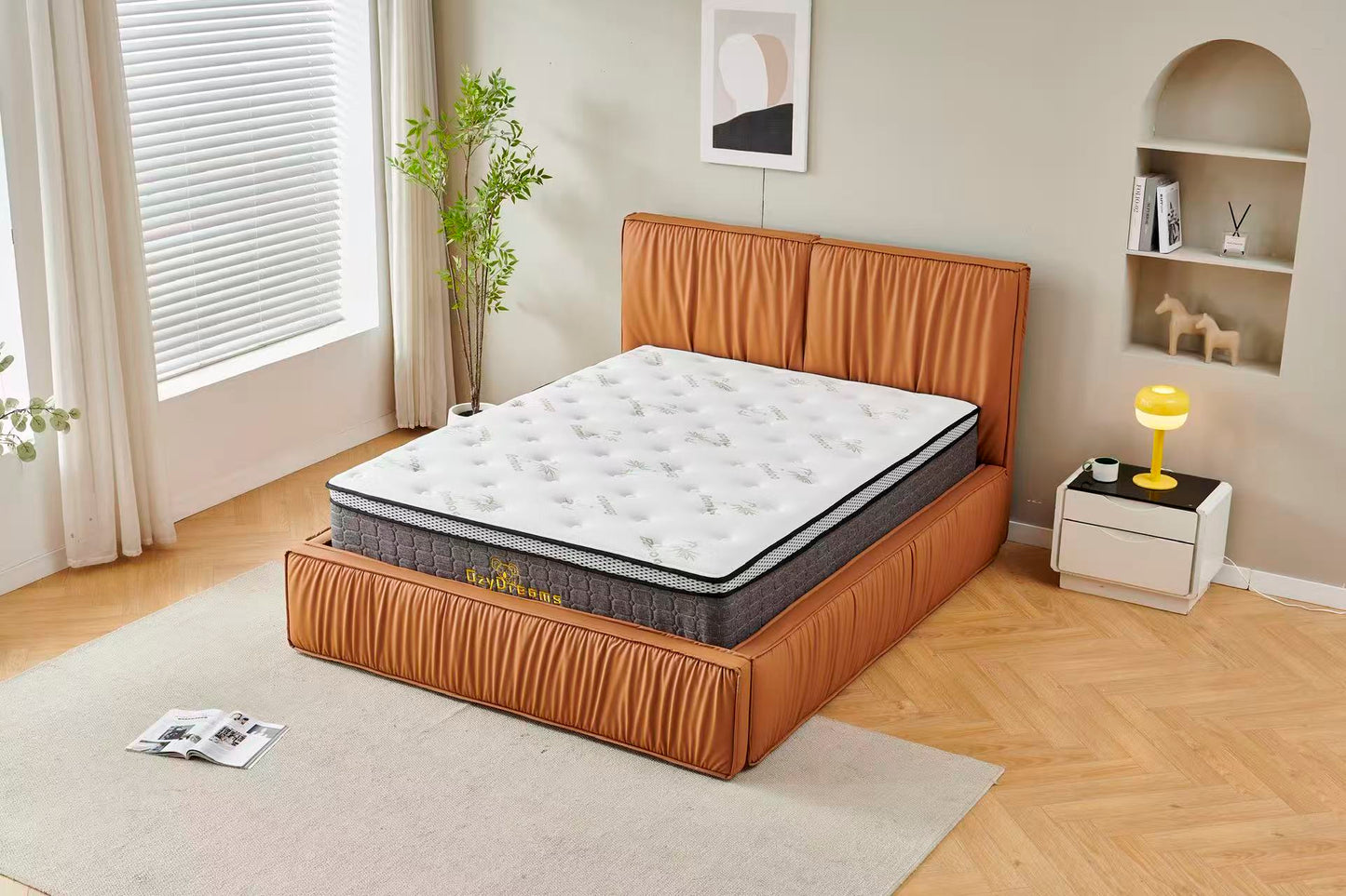 Orange Tiffany upholstered Pleat bed + White 30cm pillow top bamboo mattress