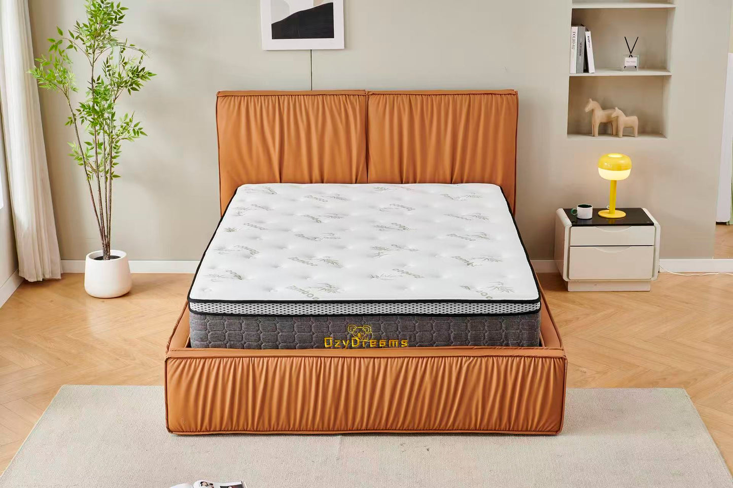 Orange Tiffany upholstered Pleat bed + White 30cm pillow top bamboo mattress