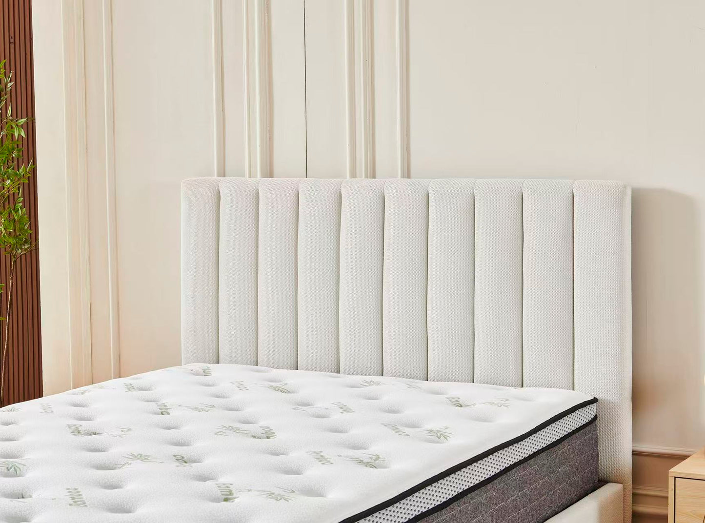 Beige Channel Bed Frame + White 30cm Pillow Top Bamboo Mattress
