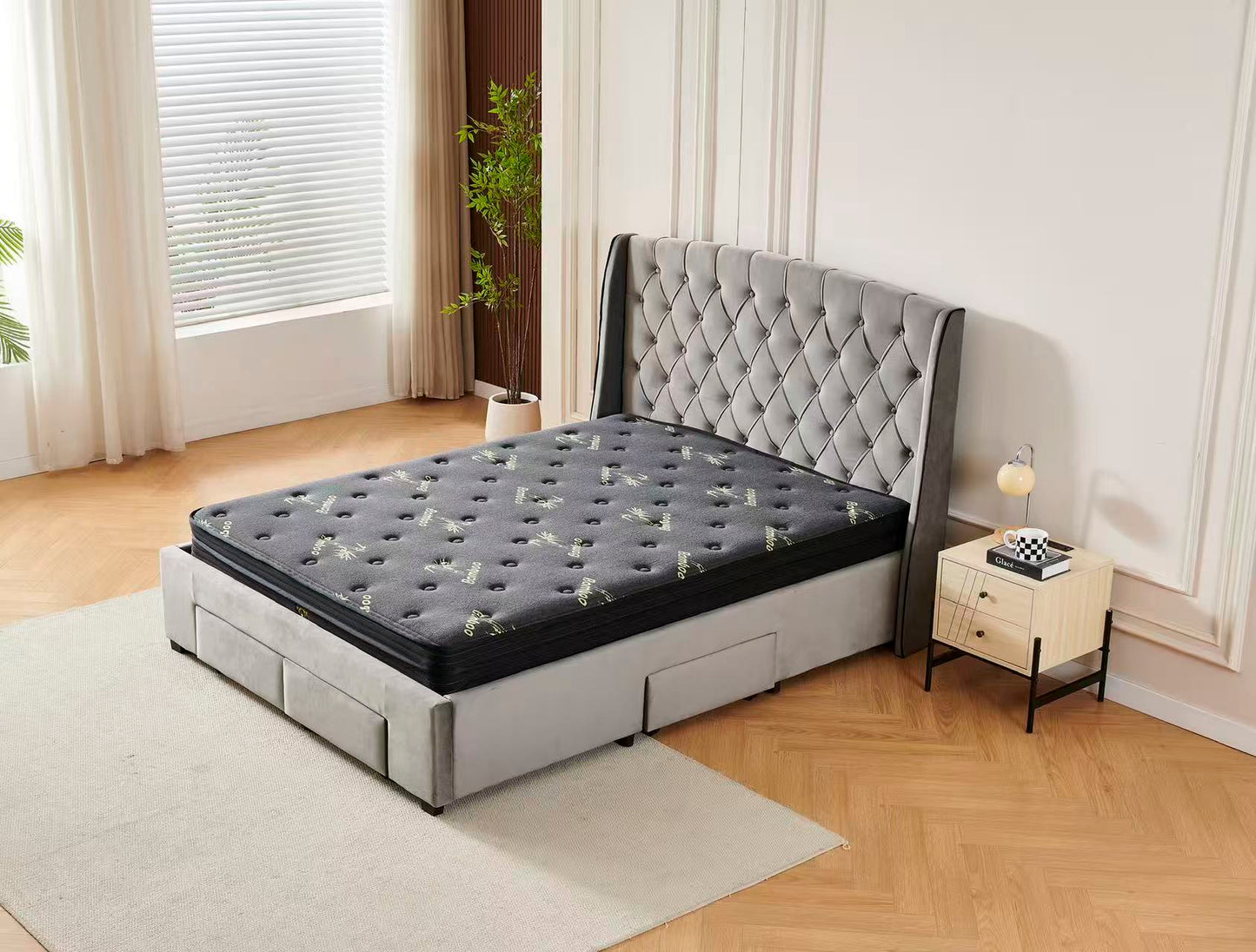 Tufted Bed Frame Dark Grey (4 Drawers) + Charcoal 20cm Bamboo Mattress