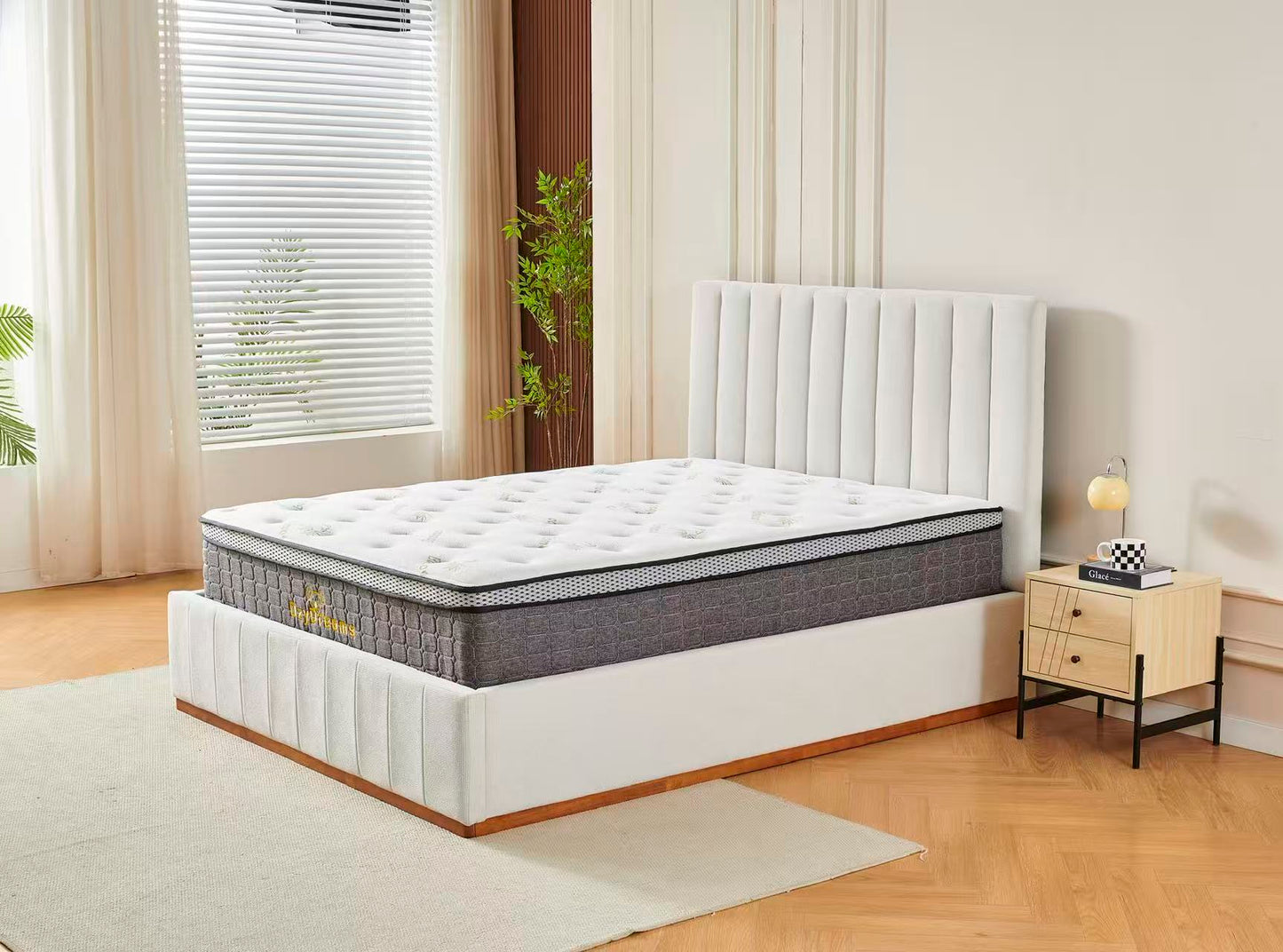 Beige Channel Bed Frame + White 30cm Pillow Top Bamboo Mattress