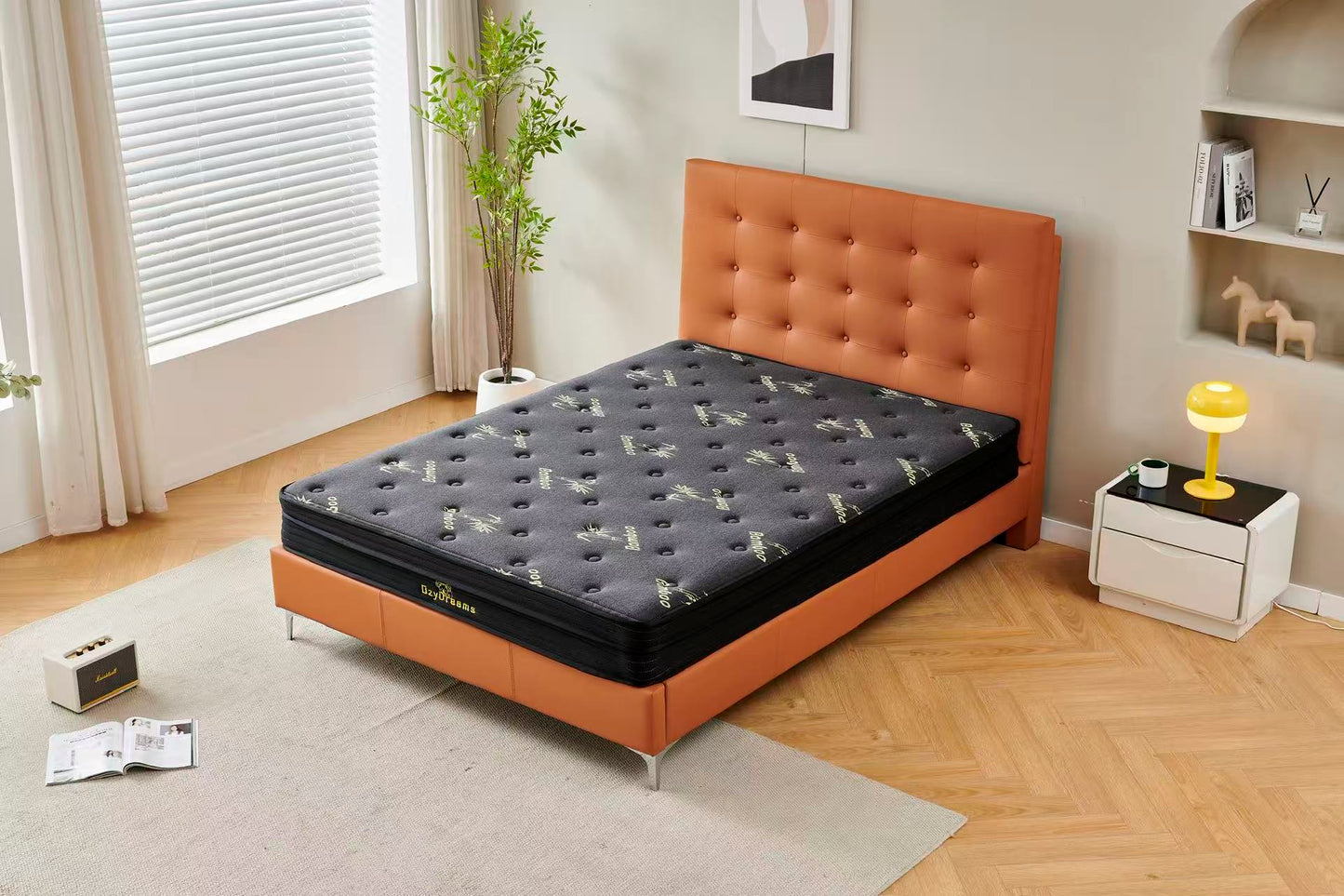 Orange Tiffany upholstered bed + Charcoal 20cm bamboo mattress
