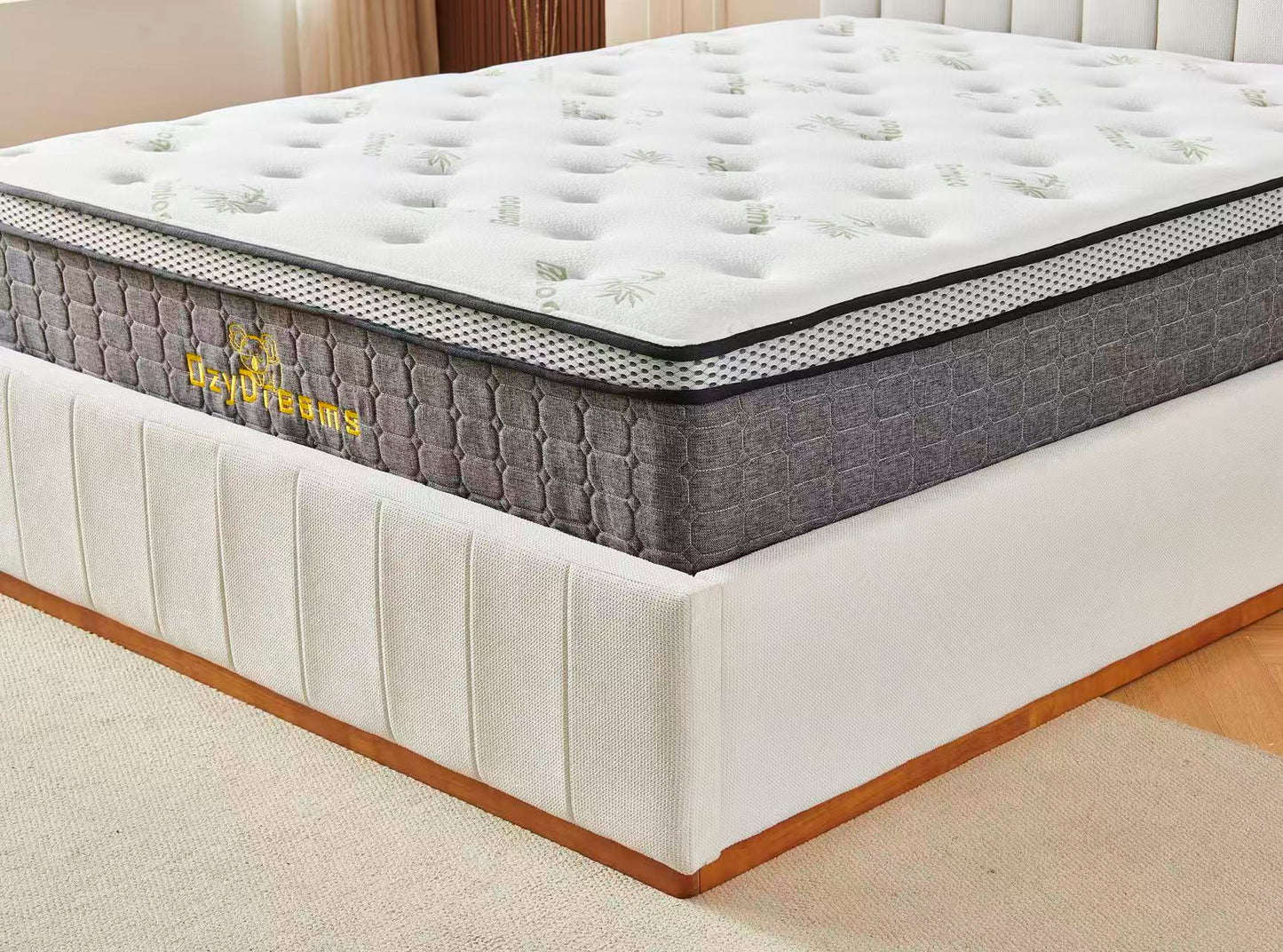 Beige Channel Bed Frame + White 30cm Pillow Top Bamboo Mattress