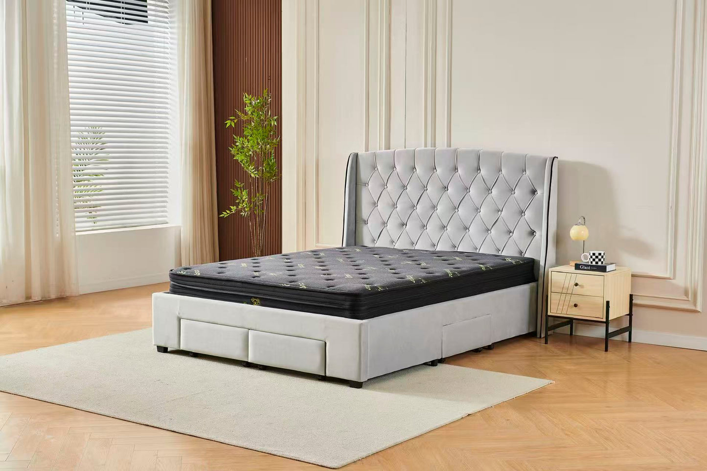 Tufted Bed Frame Light Grey (4 Drawers) + Charcoal 20cm Bamboo Mattress