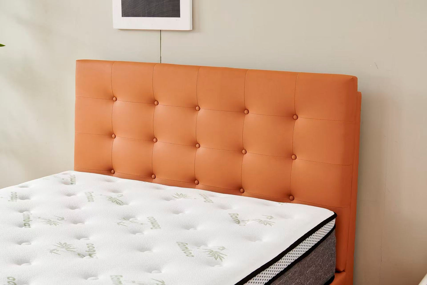 Orange Tiffany upholstered bed + White 30cm pillow top bamboo mattress