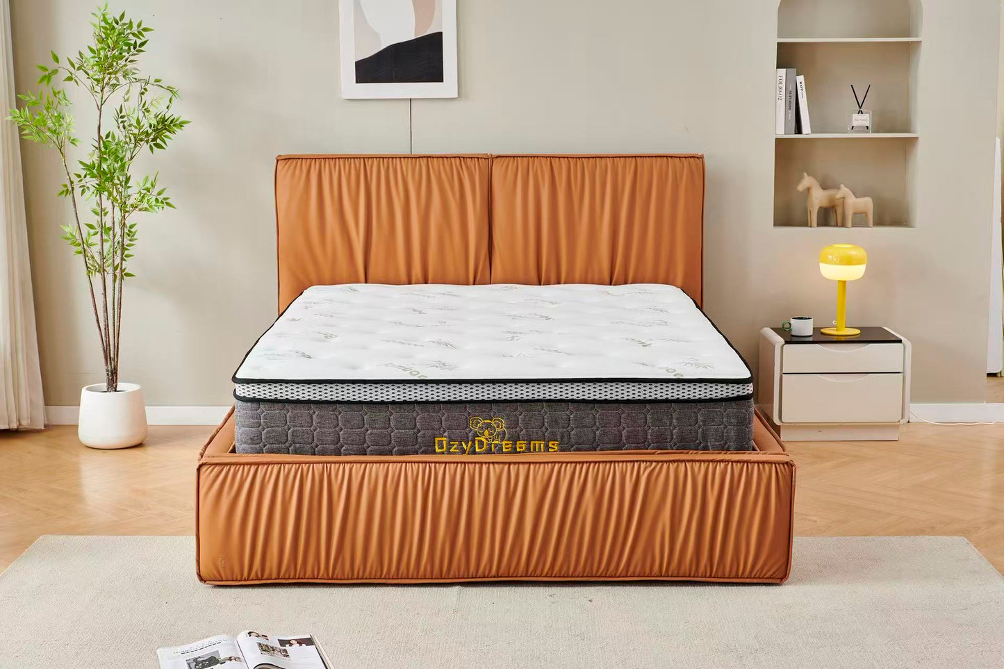Orange Tiffany upholstered Pleat bed + White 30cm pillow top bamboo mattress